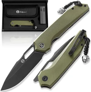 Holtzman's Gorilla Survival Folding Pocket Knife for Men with D2 Steel Blade and G10 Handle - Perfect for Everyday Carry - EDC Gift Set (Black Stonewashed   OD Green)