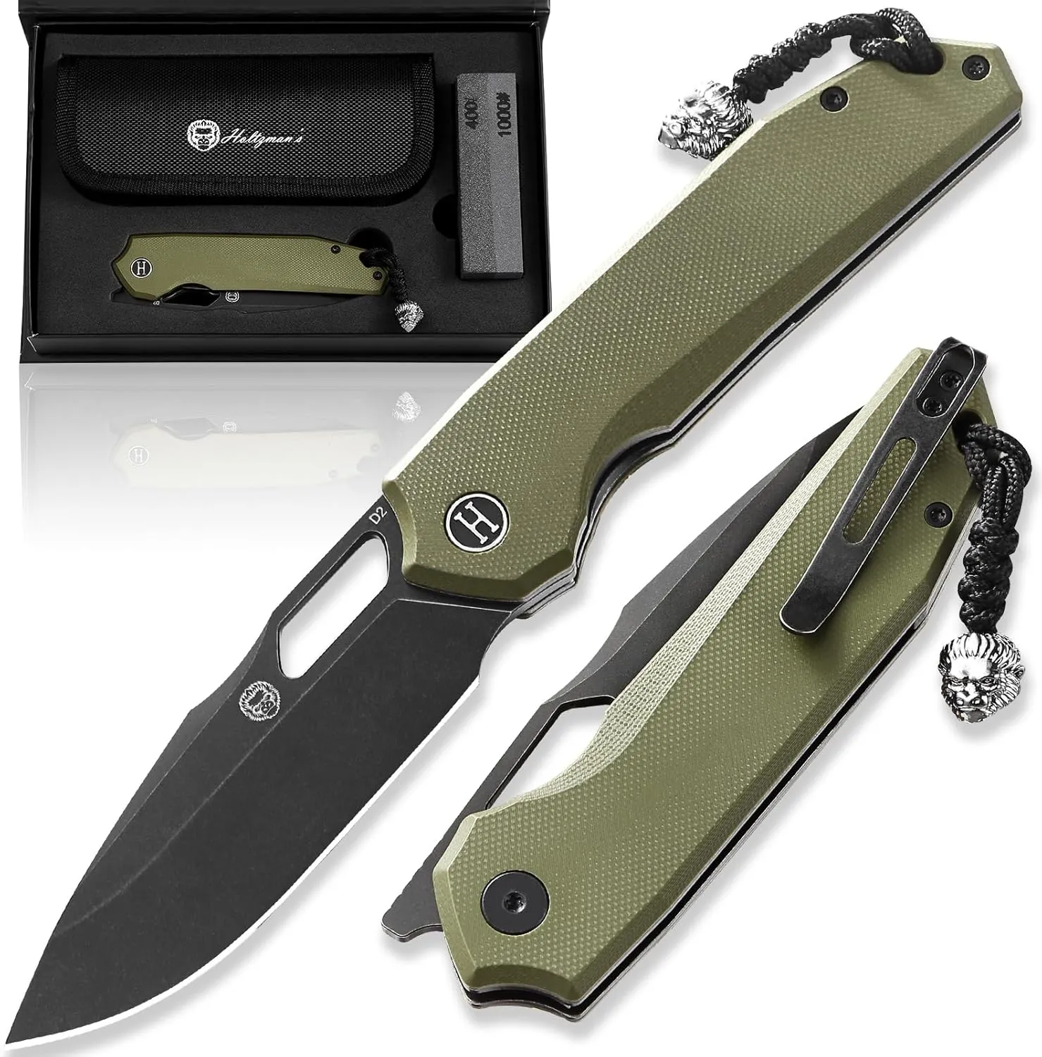 Holtzman's Gorilla Survival Folding Pocket Knife for Men with D2 Steel Blade and G10 Handle - Perfect for Everyday Carry - EDC Gift Set (Black Stonewashed   OD Green)