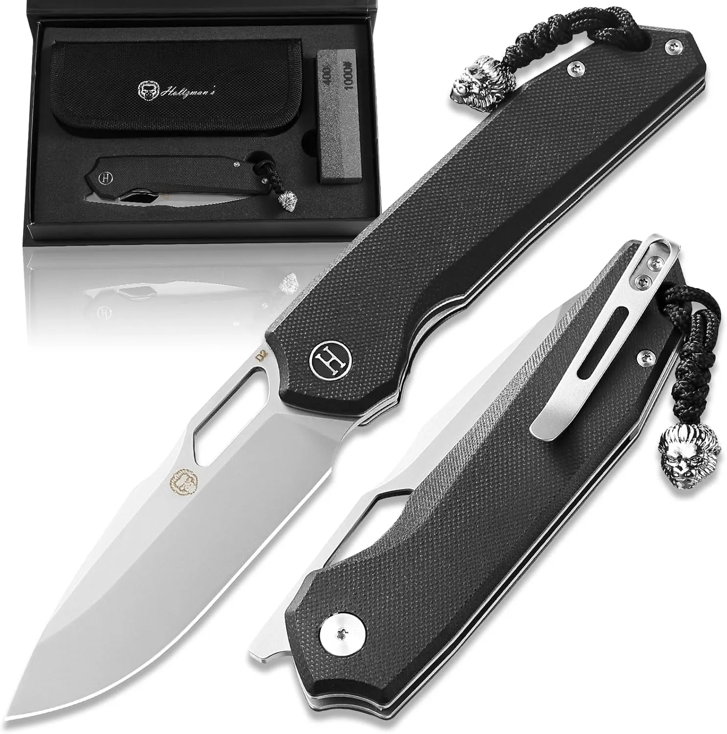 Holtzman's Gorilla Survival Folding Pocket Knife for Men with D2 Steel Blade and G10 Handle - Perfect for Everyday Carry - EDC Gift Set (Sandblasted   Black)
