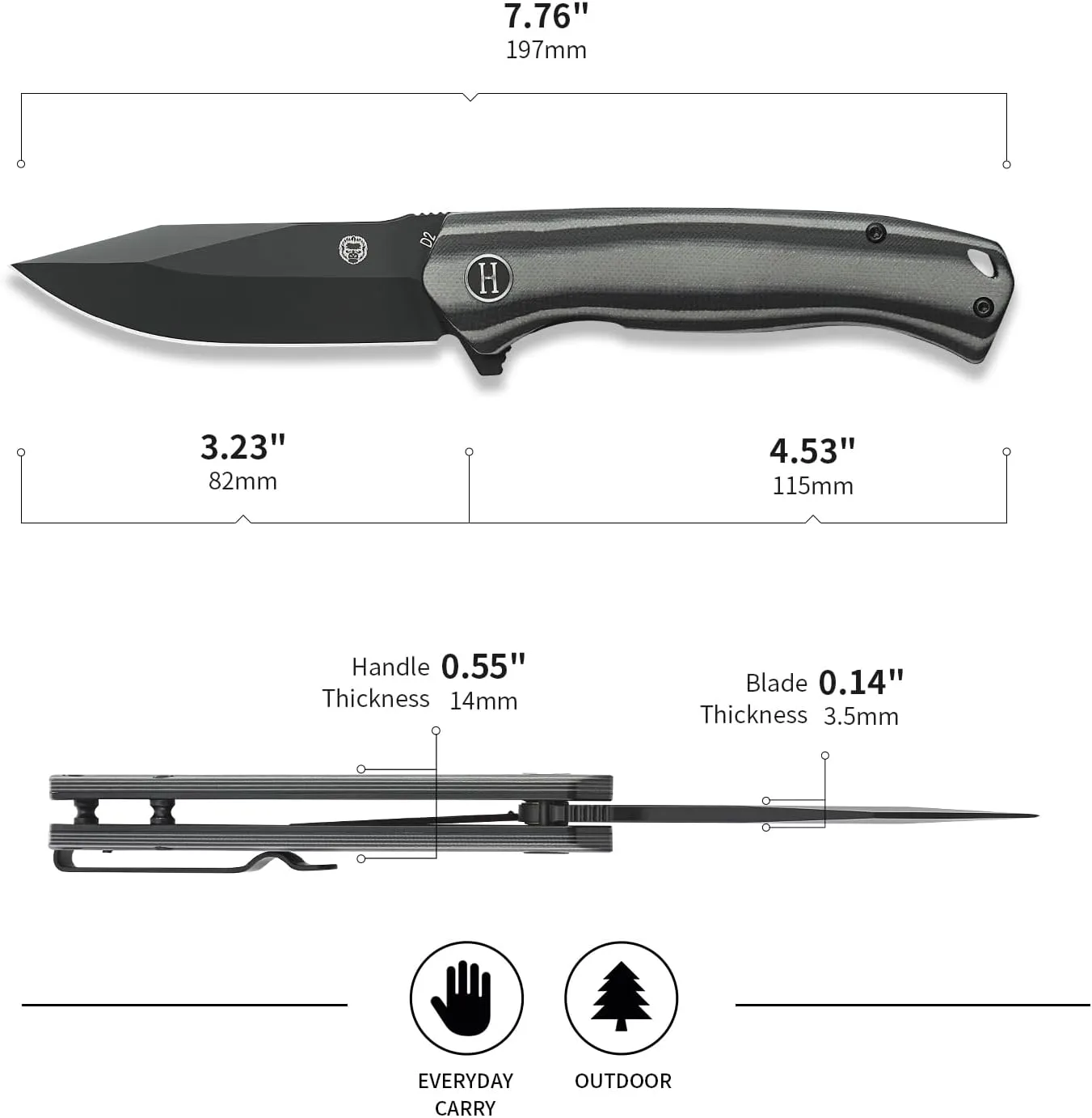 Holtzman's Gorilla Survival Folding Pocket Knife with D2 Steel Blade and G10 Handle (Black   Black/Grey) - EDC Gift Set for Men and Women - Perfect for Everyday Carry