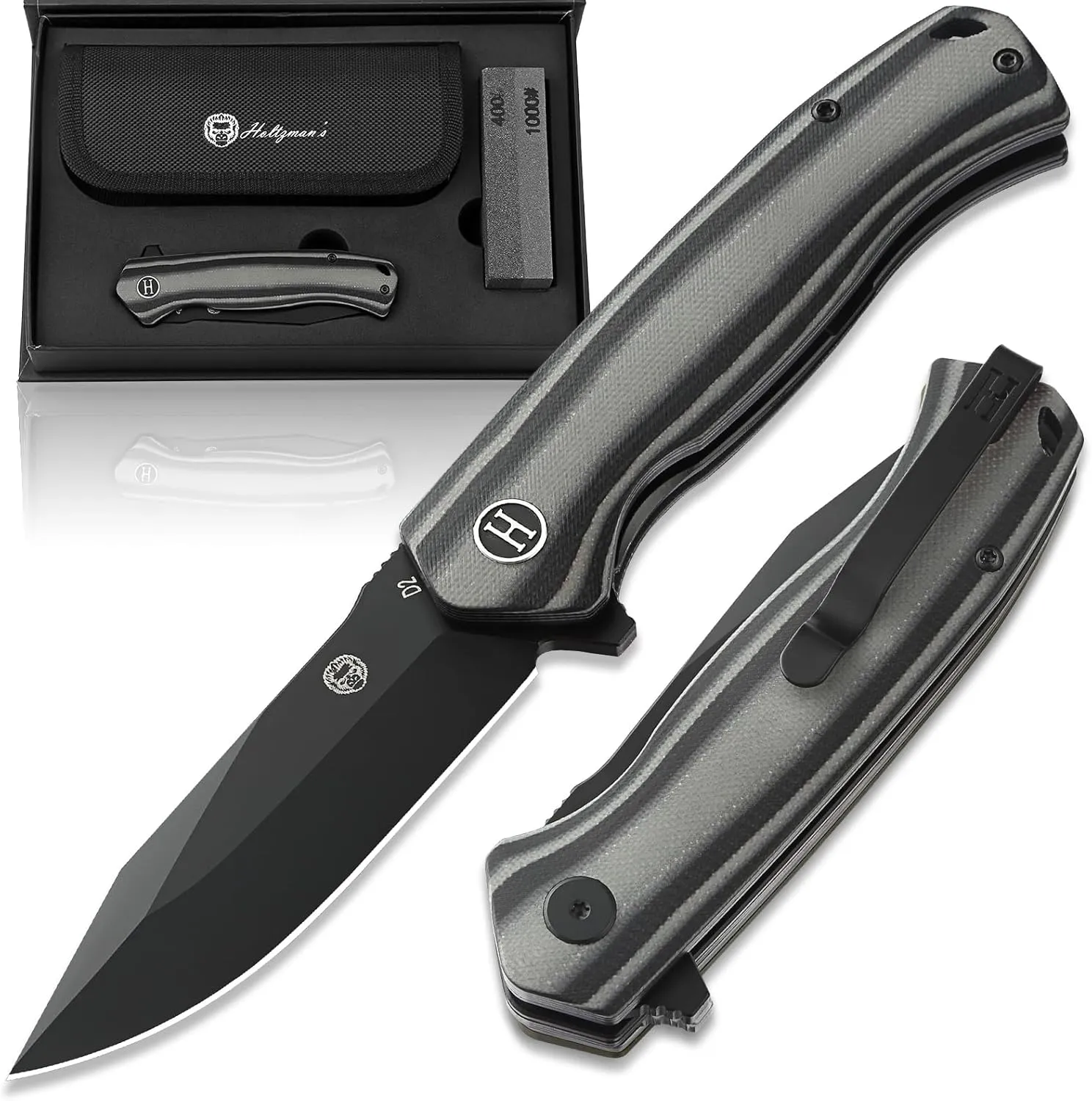 Holtzman's Gorilla Survival Folding Pocket Knife with D2 Steel Blade and G10 Handle (Black   Black/Grey) - EDC Gift Set for Men and Women - Perfect for Everyday Carry
