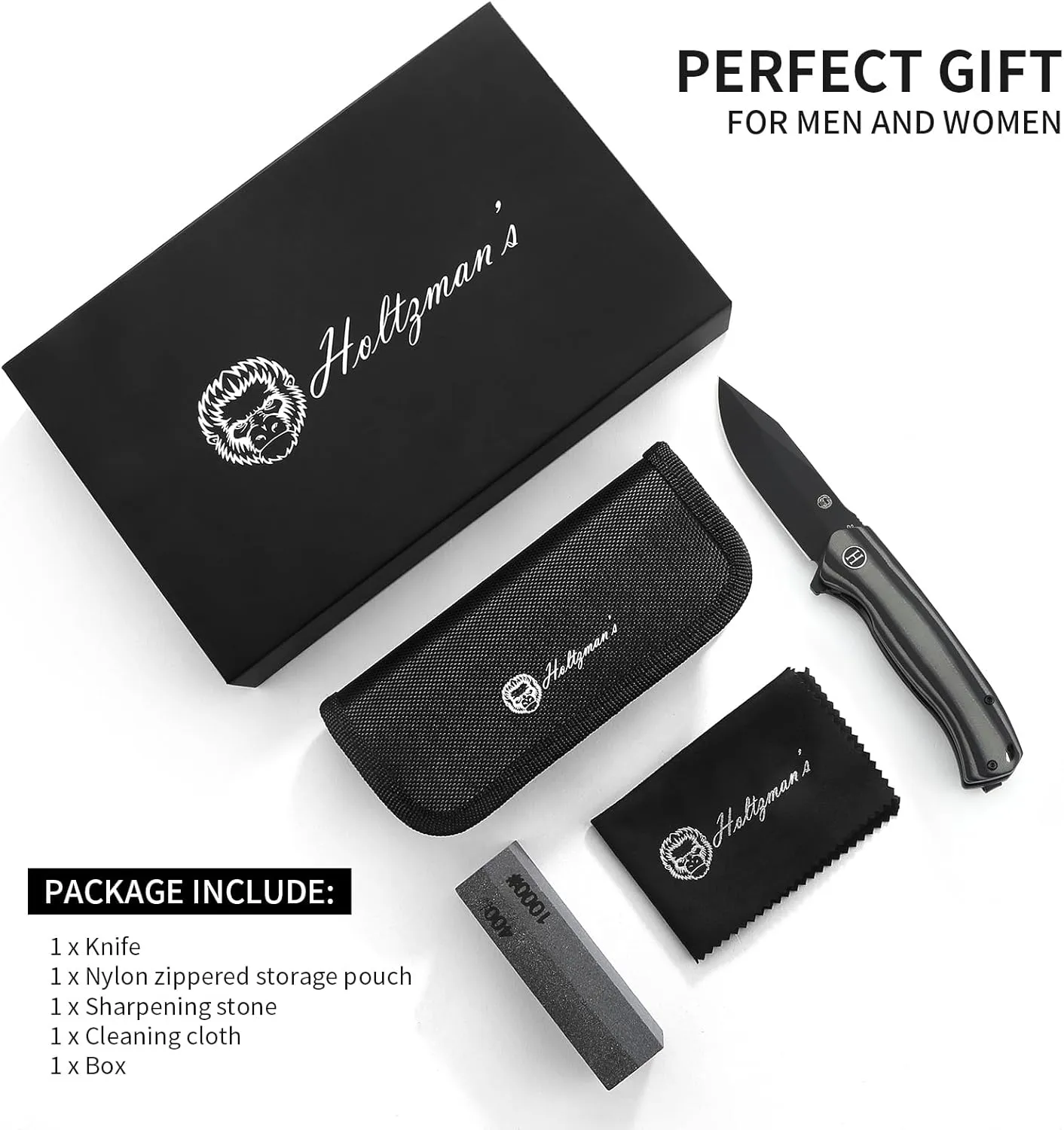 Holtzman's Gorilla Survival Folding Pocket Knife with D2 Steel Blade and G10 Handle (Black   Black/Grey) - EDC Gift Set for Men and Women - Perfect for Everyday Carry