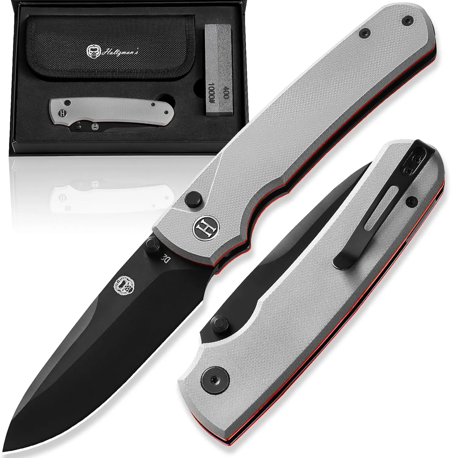 Holtzman's Gorilla Survival Loyalist Folding Pocket Knife with Sharpening Stone and Case (Black Red) - Perfect for Everyday Carry