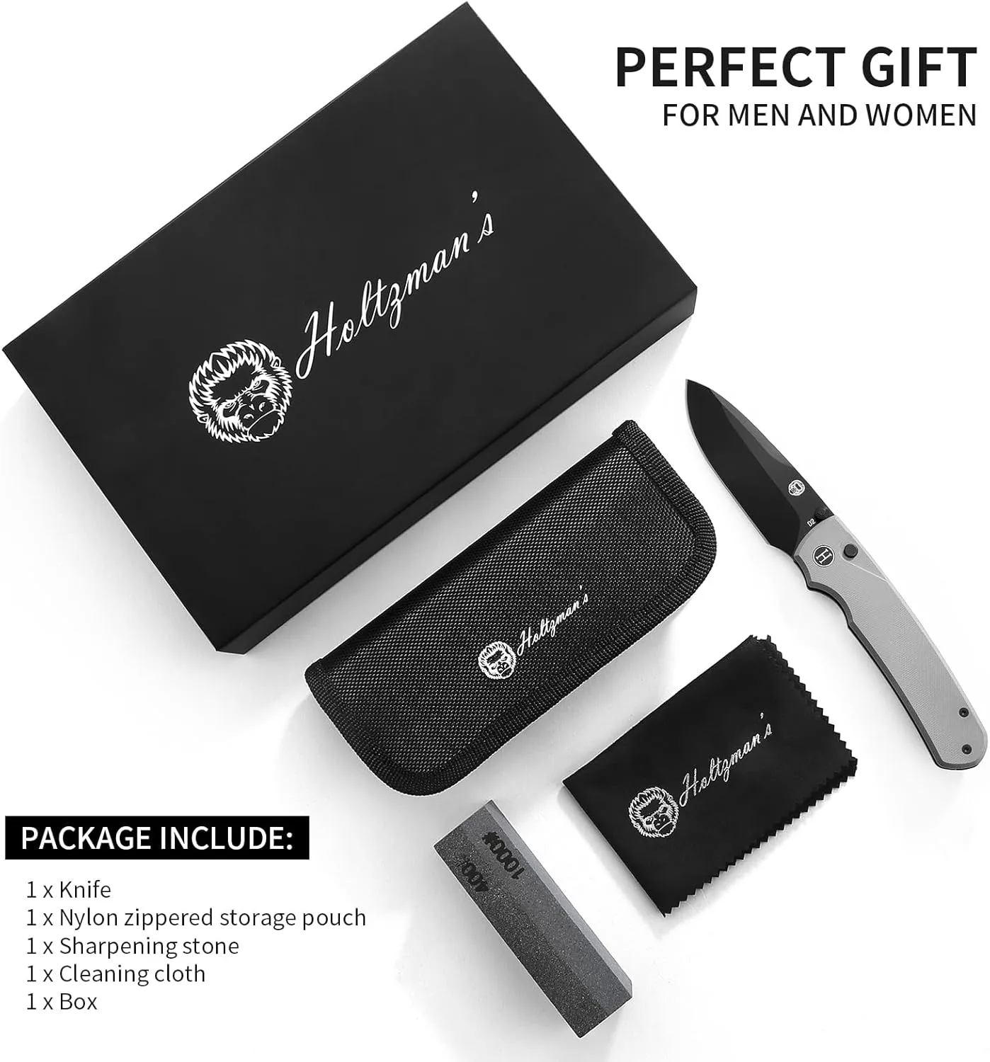 Holtzman's Gorilla Survival Loyalist Folding Pocket Knife with Sharpening Stone and Case (Black Red) - Perfect for Everyday Carry