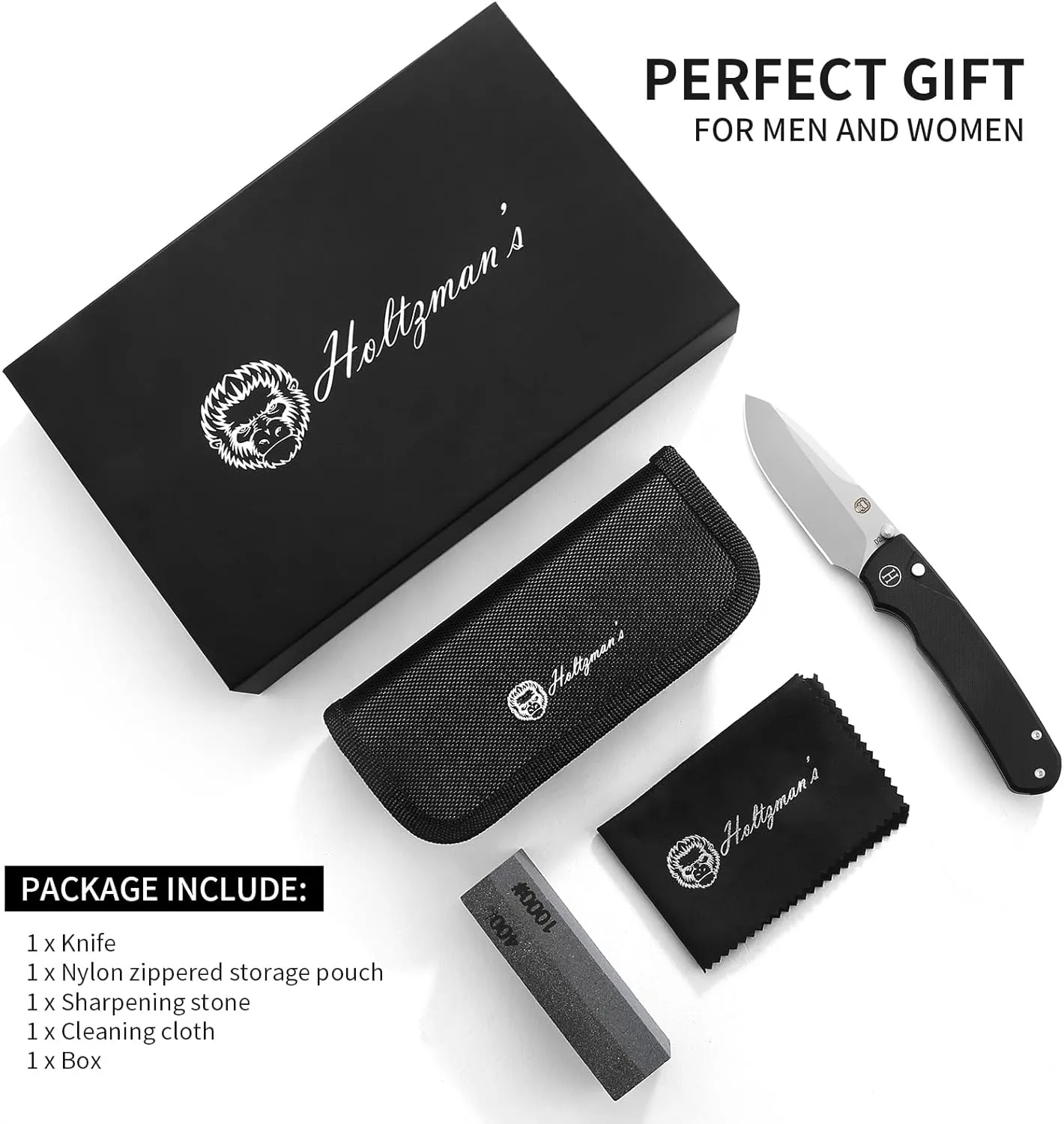 Holtzman's Gorilla Survival Loyalist Folding Pocket Knife with Sharpening Stone and Case (Sand Black) - Perfect for Everyday Carry