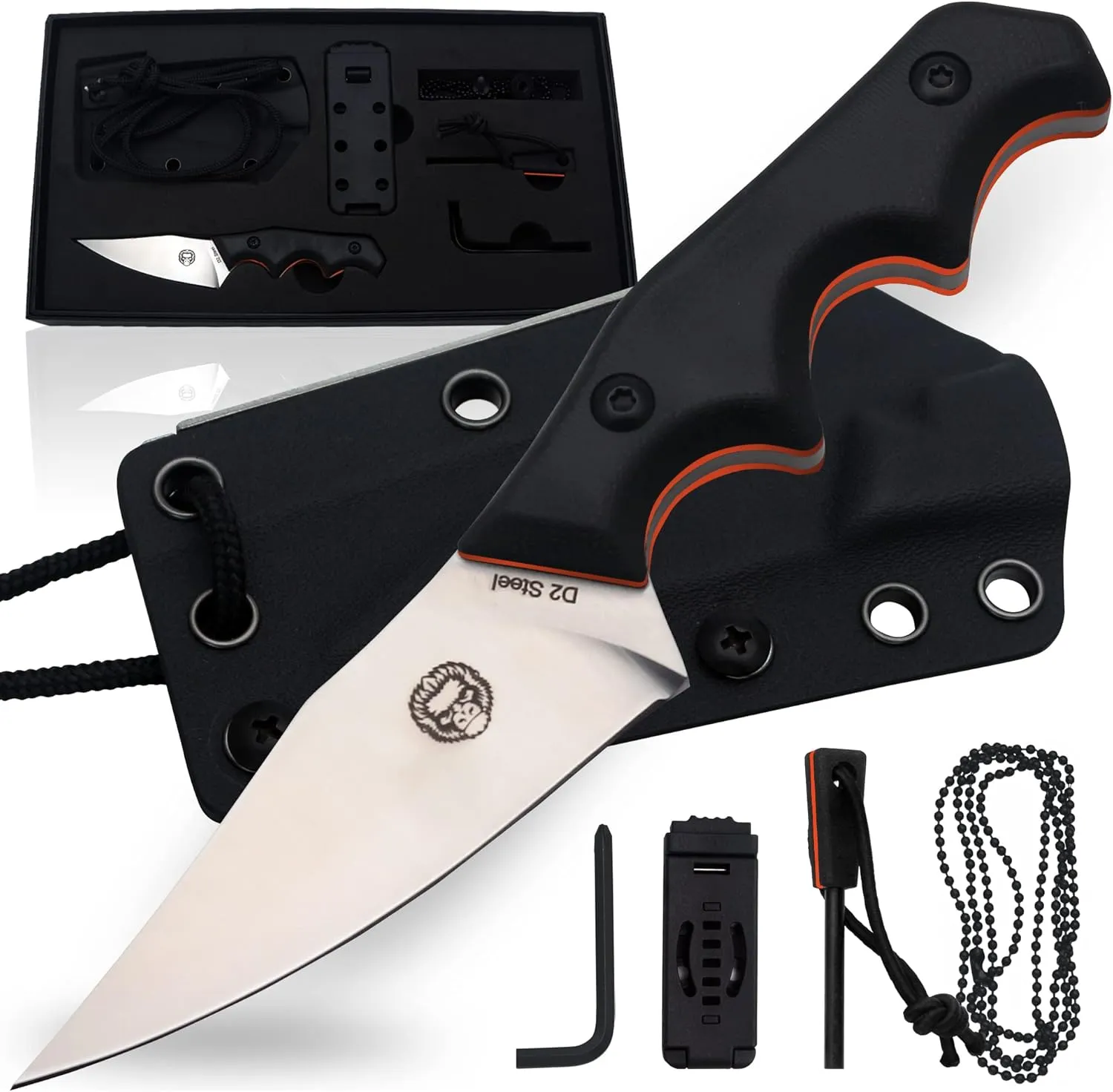 Holtzman's Gorilla Survival Reverse Eagle Fixed Blade Hunting and Camping Knife with Kydex Sheath & Ferro Rod (Silver Orange)