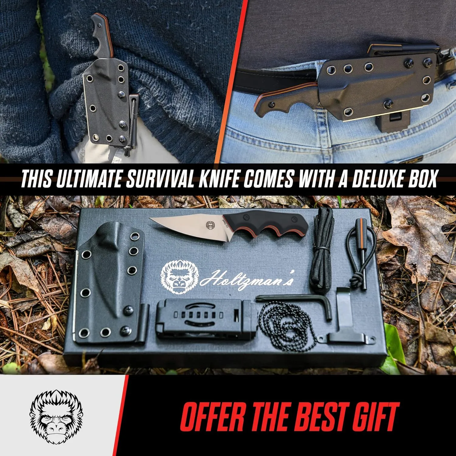 Holtzman's Gorilla Survival Reverse Eagle Fixed Blade Hunting and Camping Knife with Kydex Sheath & Ferro Rod (Silver Orange)