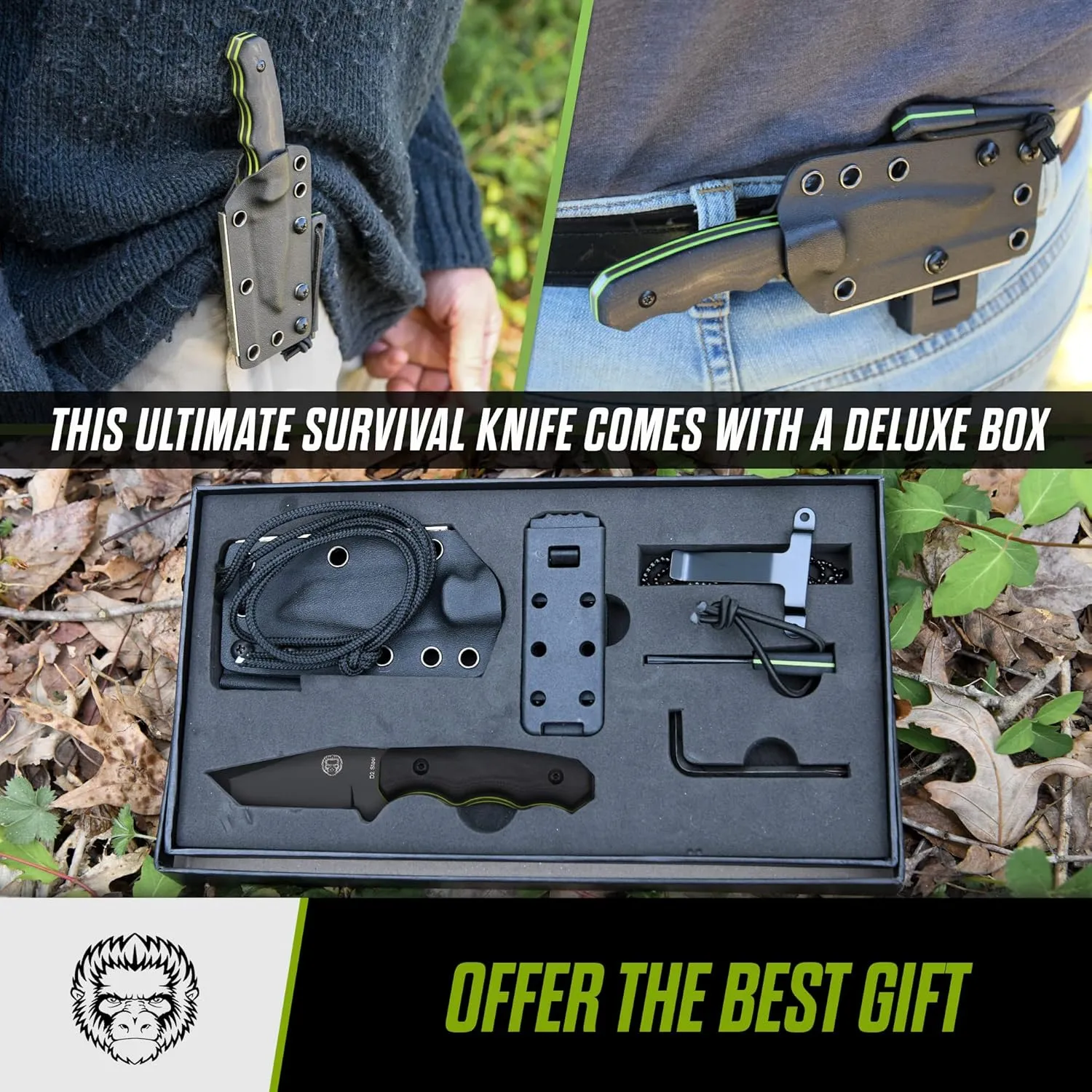 Holtzman's Gorilla Survival Wakizashi Fixed Blade Neck Knife with Kydex Sheath & Ferro Rod (Black Green) - Ideal for Bushcraft and Survival Use