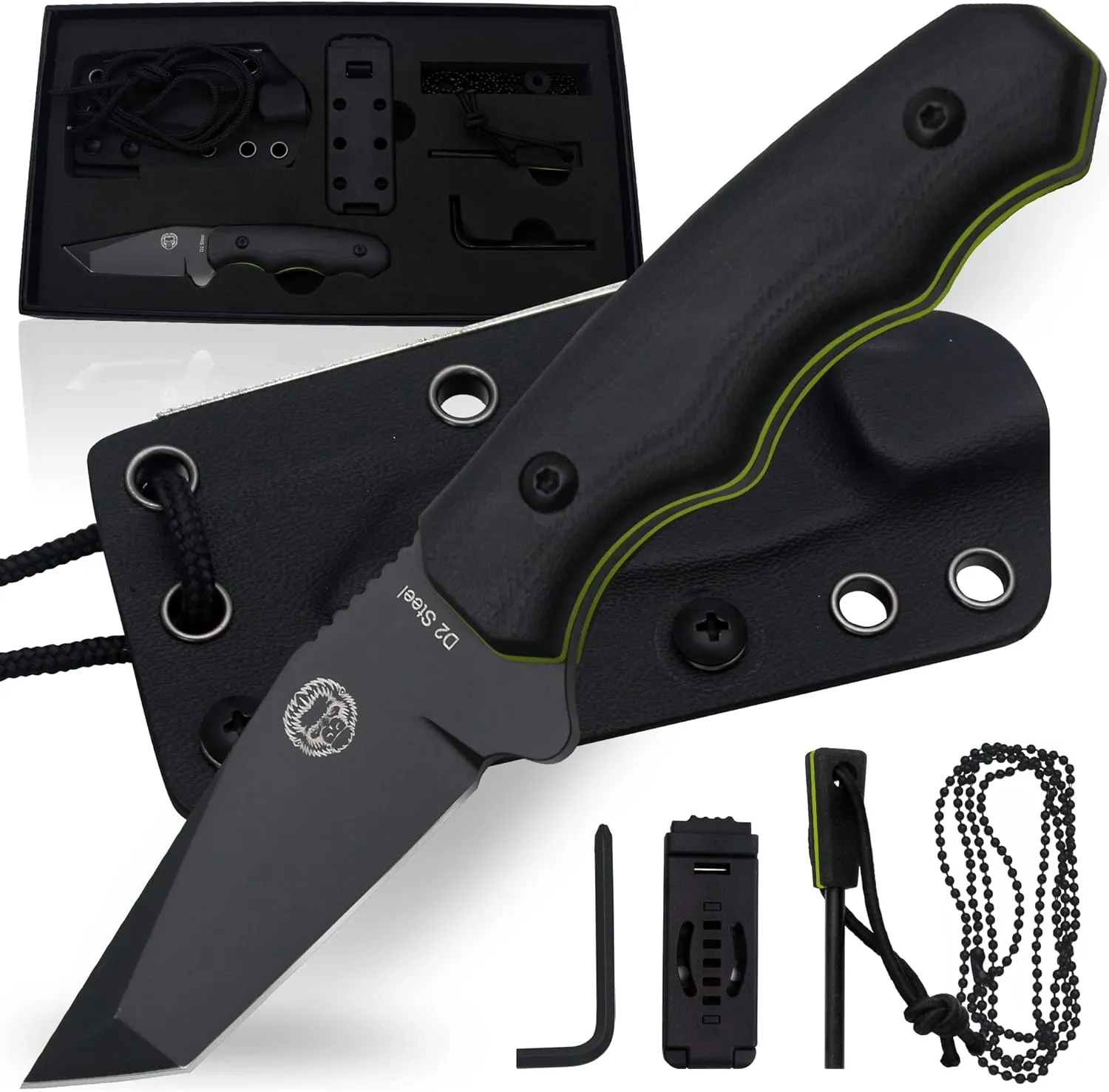 Holtzman's Gorilla Survival Wakizashi Fixed Blade Neck Knife with Kydex Sheath & Ferro Rod (Black Green) - Ideal for Bushcraft and Survival Use