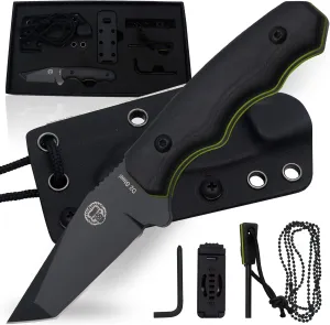 Holtzman's Gorilla Survival Wakizashi Fixed Blade Neck Knife with Kydex Sheath & Ferro Rod (Black Green) - Ideal for Bushcraft and Survival Use