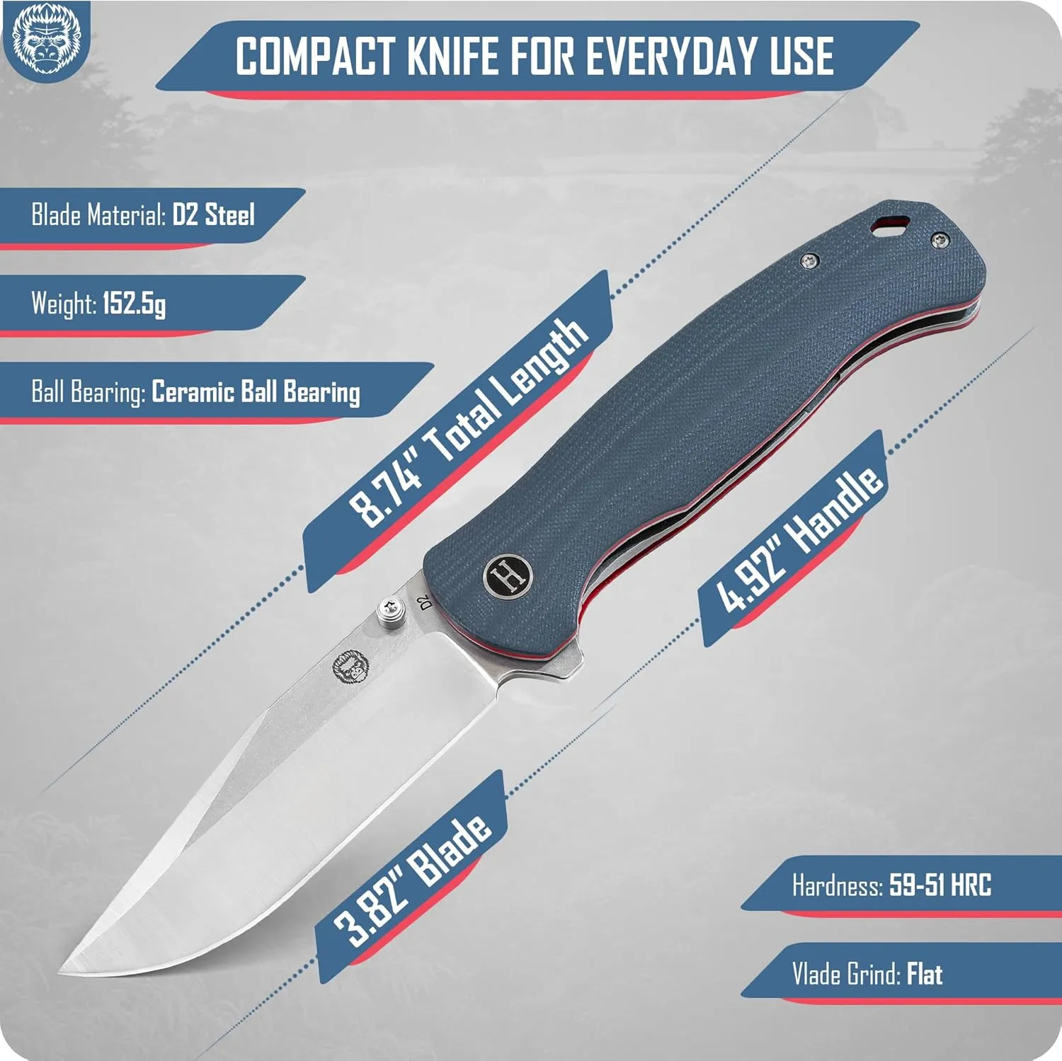 Holtzman's Gorilla Survival Wrangler Folding Knife with G10 Handle and D2 Steel Blade, Gift Box Set (Grey Red) - Ideal for Everyday Carry and Outdoor Use