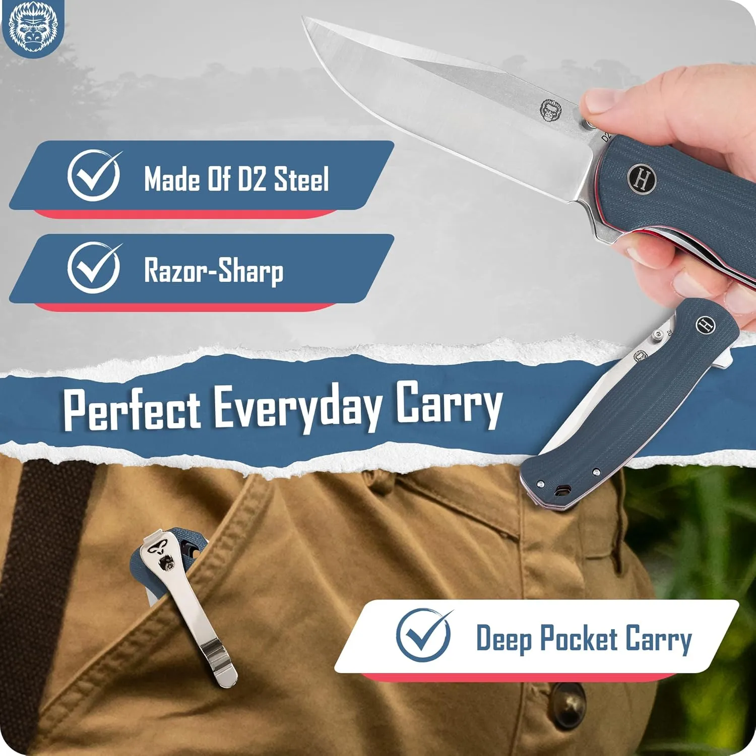 Holtzman's Gorilla Survival Wrangler Folding Knife with G10 Handle and D2 Steel Blade, Gift Box Set (Grey Red) - Ideal for Everyday Carry and Outdoor Use