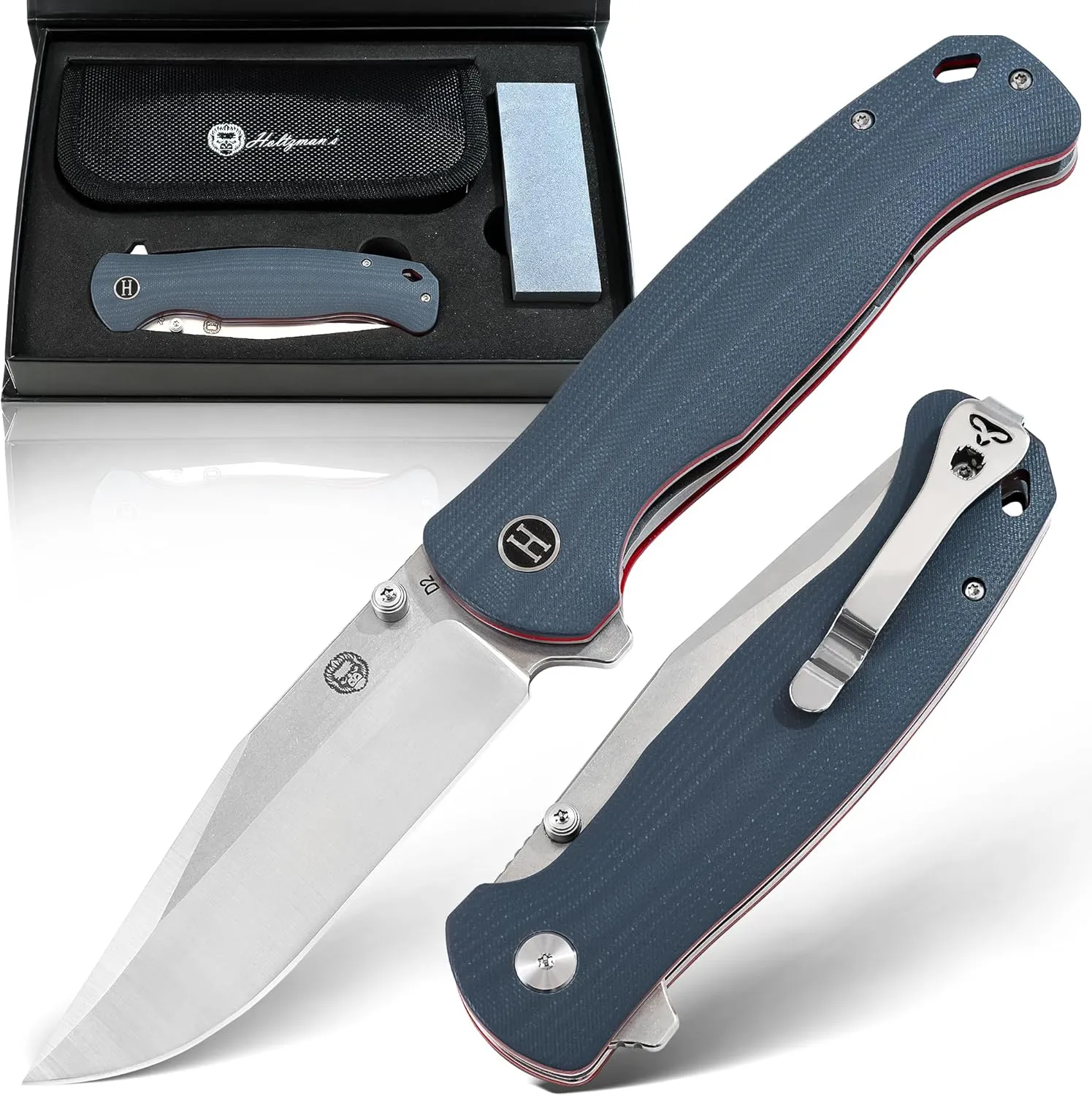 Holtzman's Gorilla Survival Wrangler Folding Knife with G10 Handle and D2 Steel Blade, Gift Box Set (Grey Red) - Ideal for Everyday Carry and Outdoor Use