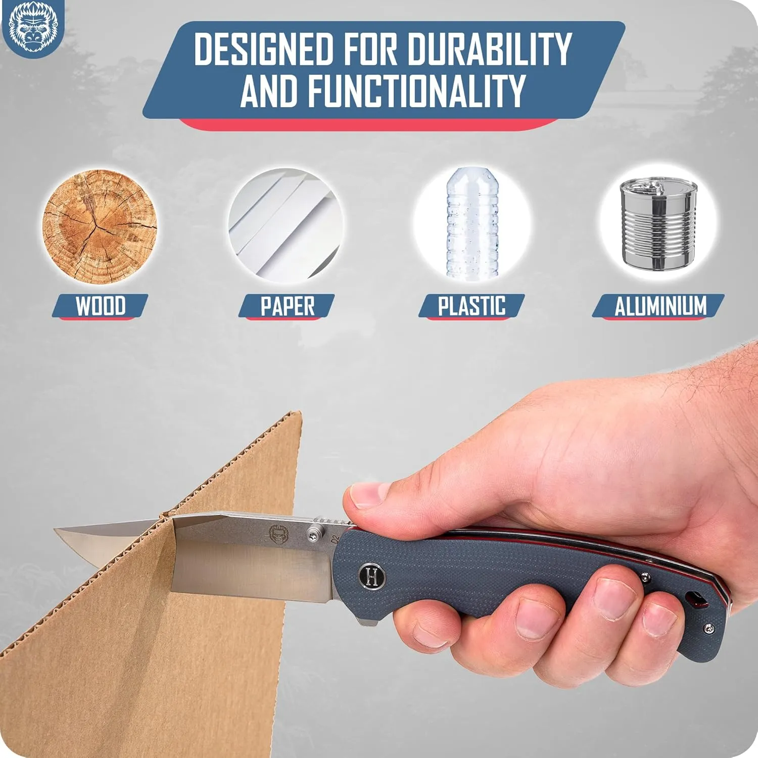 Holtzman's Gorilla Survival Wrangler Folding Knife with G10 Handle and D2 Steel Blade, Gift Box Set (Grey Red) - Ideal for Everyday Carry and Outdoor Use