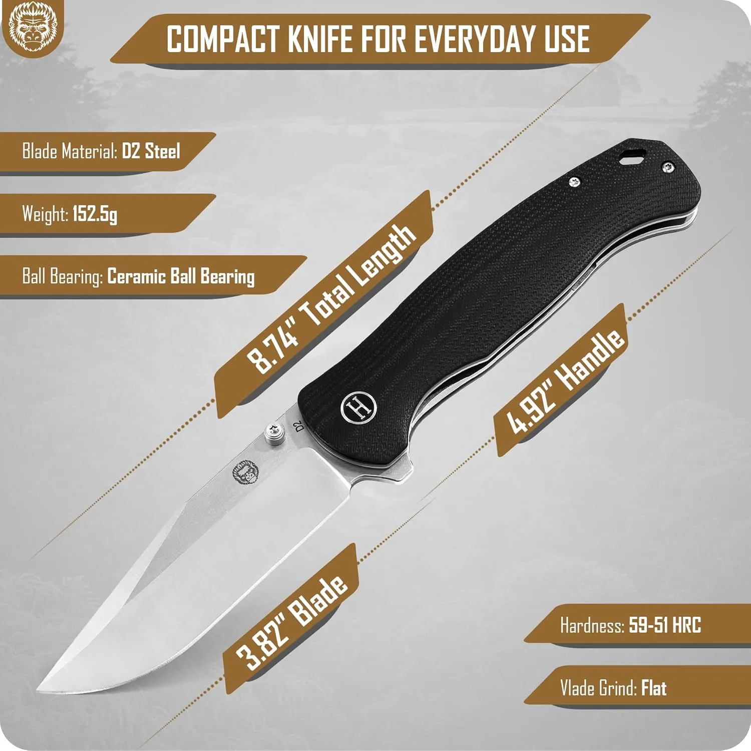 Holtzman's Gorilla Survival Wrangler Folding Knife with G10 Handle and D2 Steel Blade, Gift Box Set (Silver Black) - Ideal for Everyday Carry and Outdoor Use