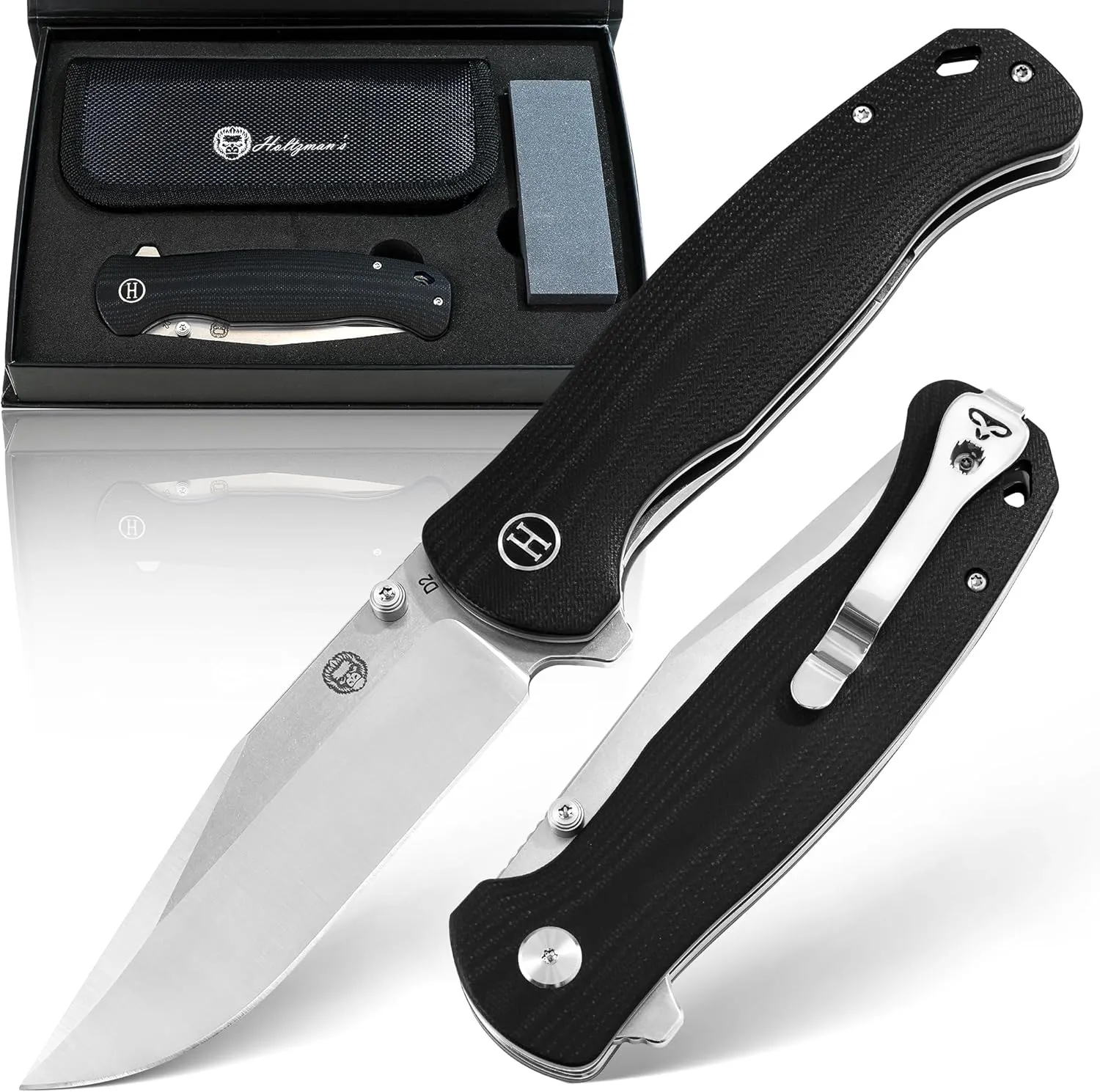 Holtzman's Gorilla Survival Wrangler Folding Knife with G10 Handle and D2 Steel Blade, Gift Box Set (Silver Black) - Ideal for Everyday Carry and Outdoor Use