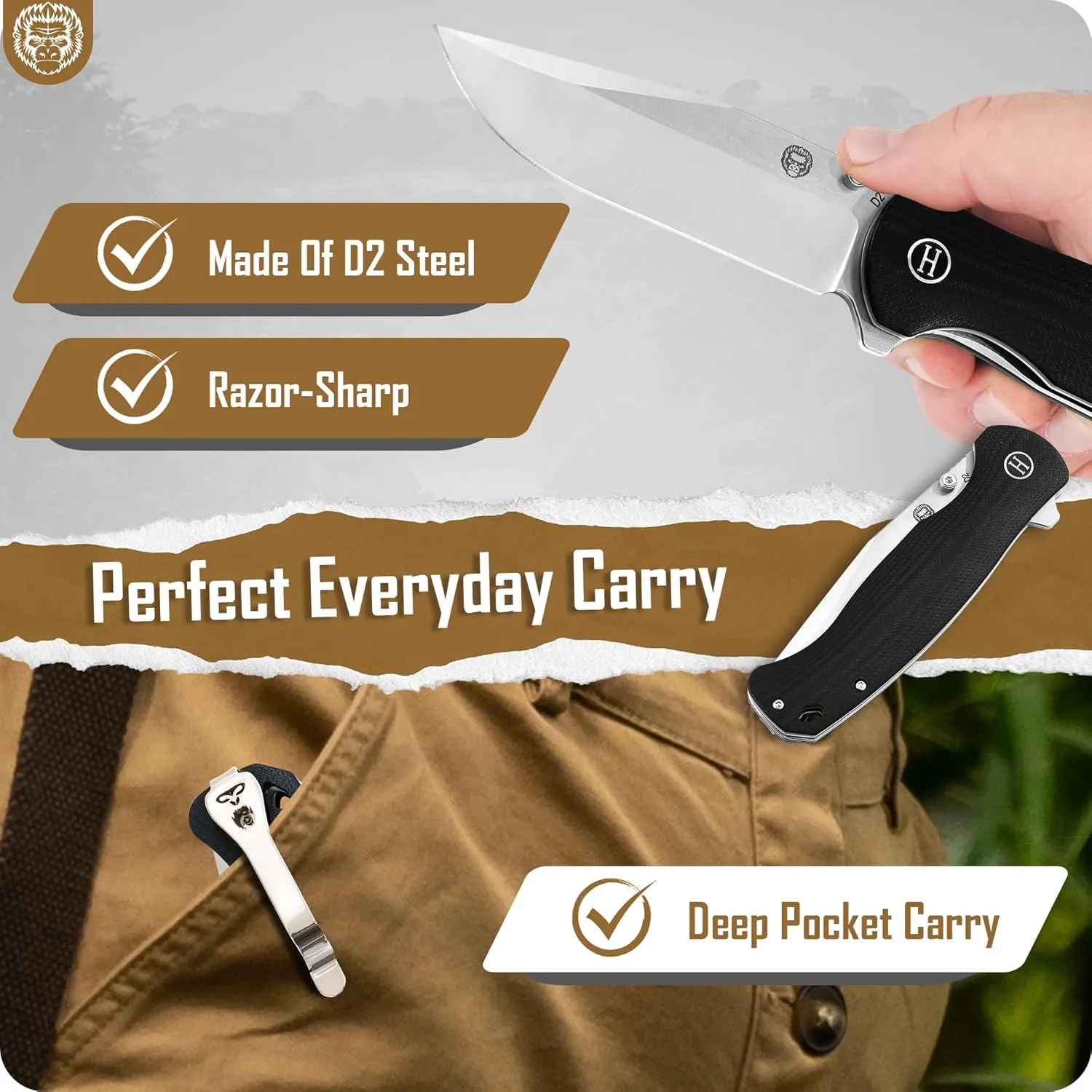 Holtzman's Gorilla Survival Wrangler Folding Knife with G10 Handle and D2 Steel Blade, Gift Box Set (Silver Black) - Ideal for Everyday Carry and Outdoor Use