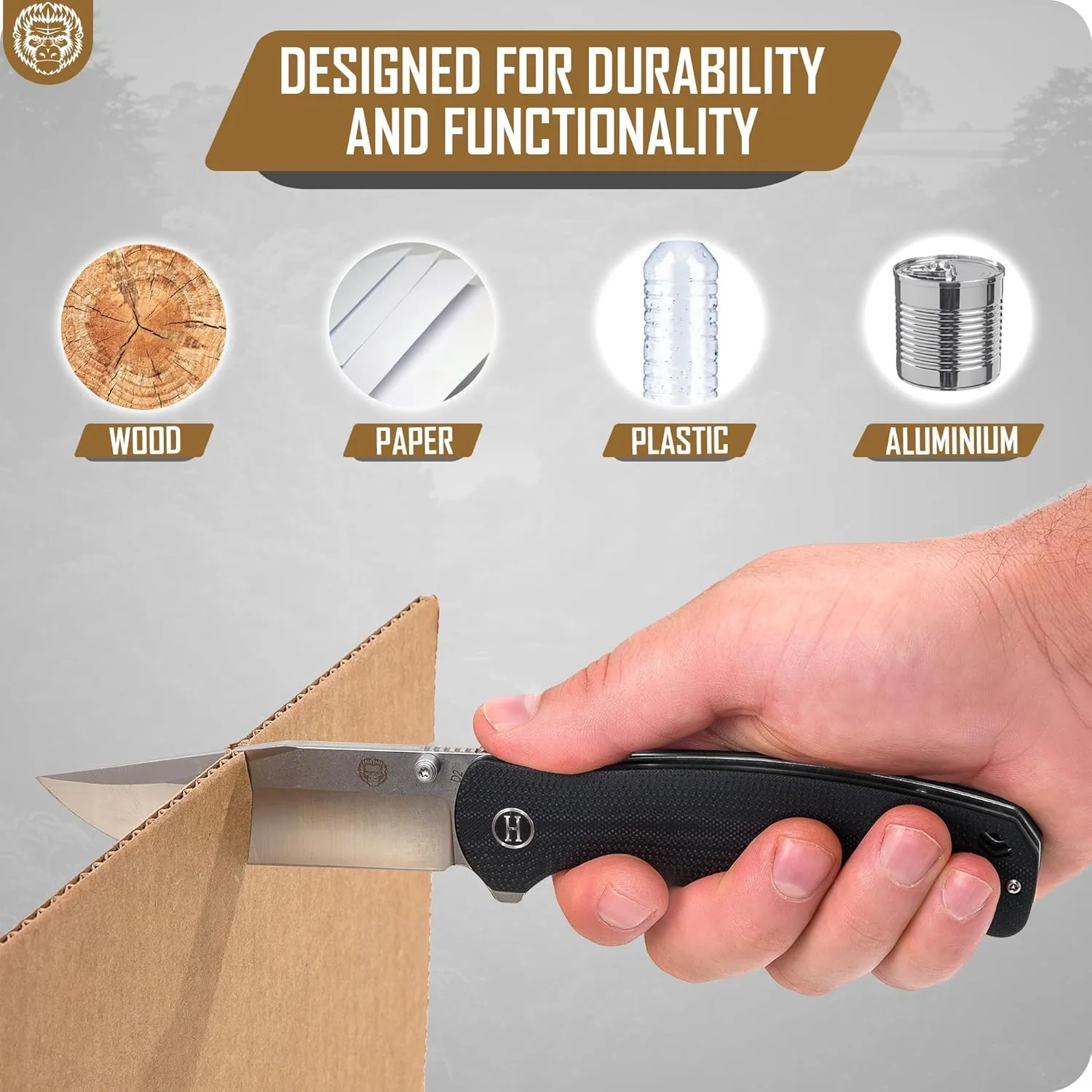 Holtzman's Gorilla Survival Wrangler Folding Knife with G10 Handle and D2 Steel Blade, Gift Box Set (Silver Black) - Ideal for Everyday Carry and Outdoor Use