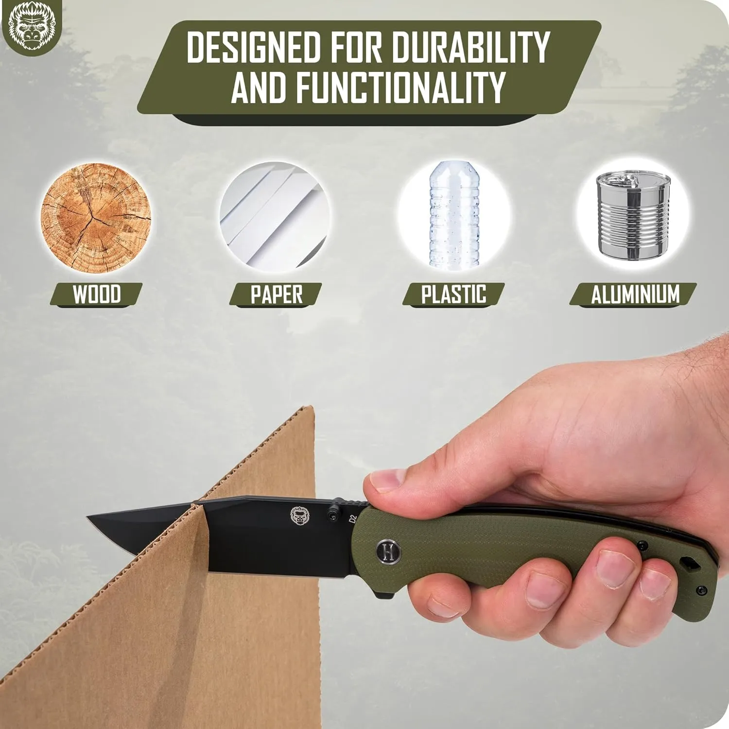 Holtzman's Gorilla Survival Wrangler Folding Knife with G10 Handle, D2 Steel Blade, Gift Box Set (Green) - Perfect for Everyday Carry