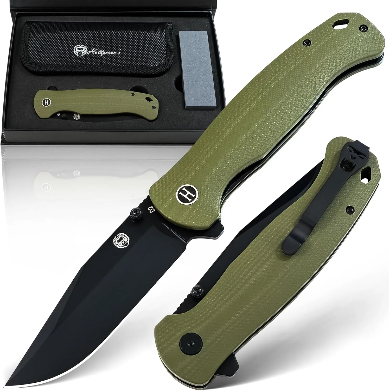 Holtzman's Gorilla Survival Wrangler Folding Knife with G10 Handle, D2 Steel Blade, Gift Box Set (Green) - Perfect for Everyday Carry