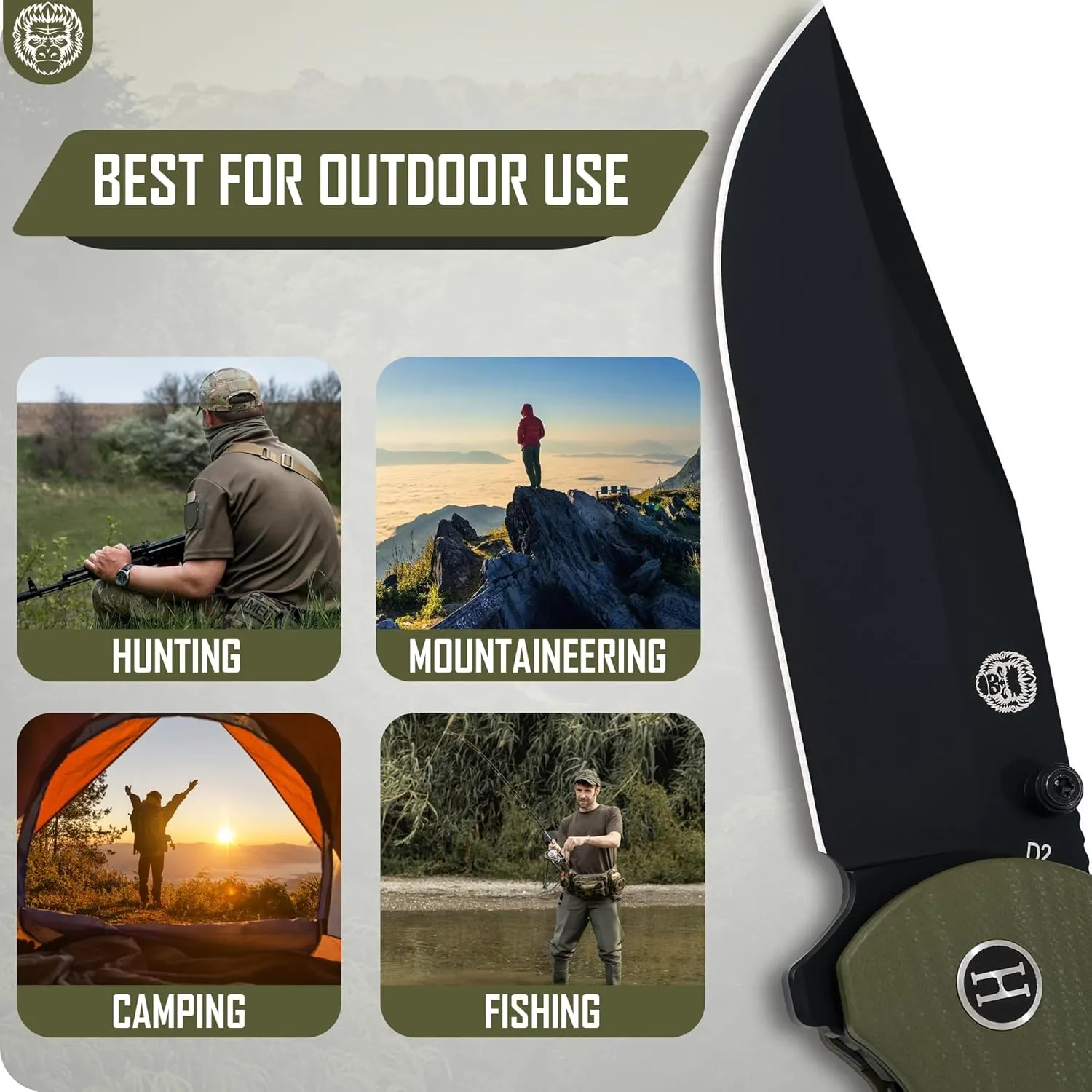 Holtzman's Gorilla Survival Wrangler Folding Knife with G10 Handle, D2 Steel Blade, Gift Box Set (Green) - Perfect for Everyday Carry