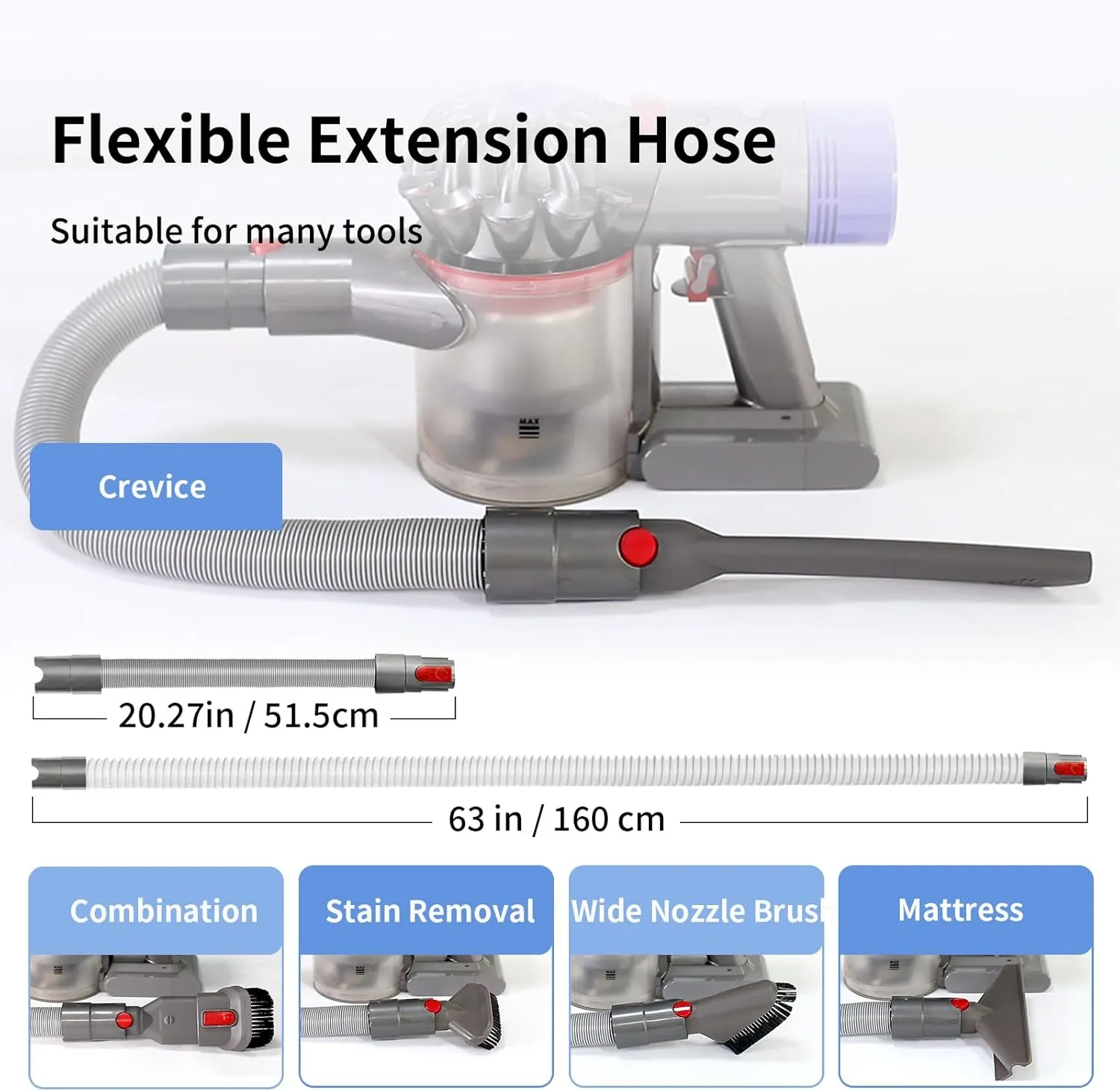 Home Cleaning Kit for Dyson V7 V8 V10 V11 V15 Absolute Animal Motorhead Vacuum Cleaner, Flexible Extension Hose Mattress Tool Stiff Brush Soft Bristle Attachment, and Flexible Crevice Tool