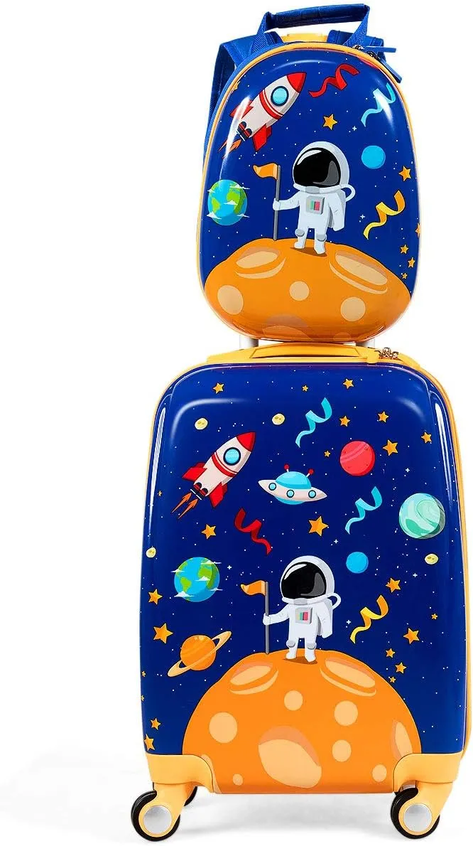 HONEY JOY Kids Luggage, 12" Toddler Backpack & 18" Travel Suitcase with Wheels, Lightweight Toddler Suitcase, Durable ABS Hardshell, 2Pcs Carry On Luggage Set for Boys Girls, Blue Astronaut