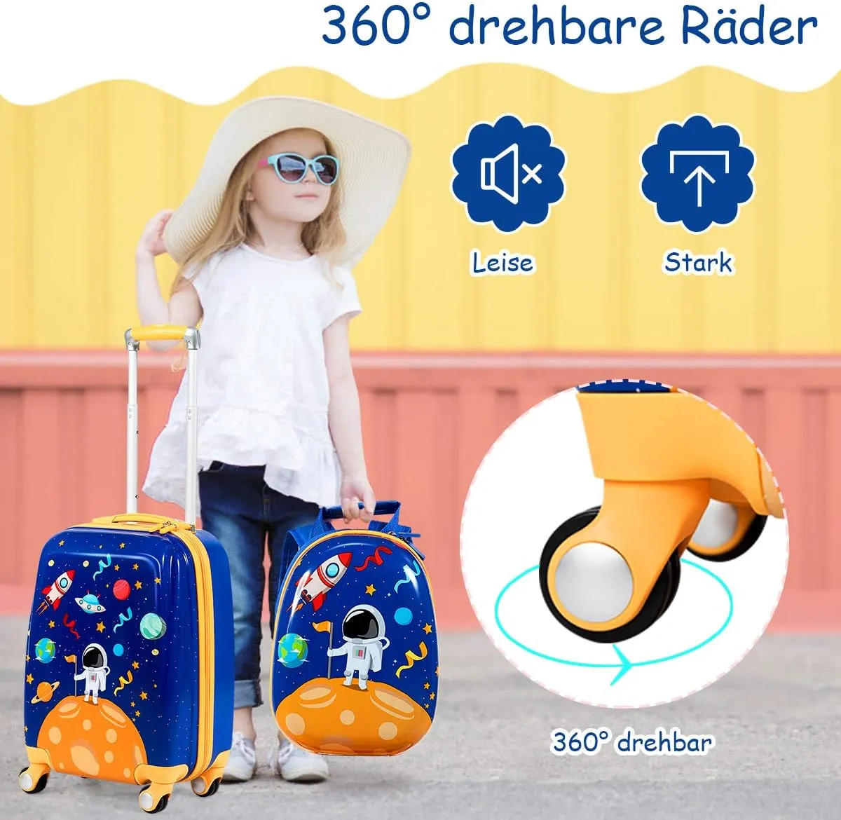 HONEY JOY Kids Luggage, 12" Toddler Backpack & 18" Travel Suitcase with Wheels, Lightweight Toddler Suitcase, Durable ABS Hardshell, 2Pcs Carry On Luggage Set for Boys Girls, Blue Astronaut
