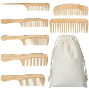 Honeydak 7 Pcs Natural Handmade Bamboo Comb Set Anti-static Wide Tooth Rat Tail Fine Tooth Combs Designed for Long, Short, Thick, Thin, Curly or Wavy Hair Detangling Suitable for Both Women and Men