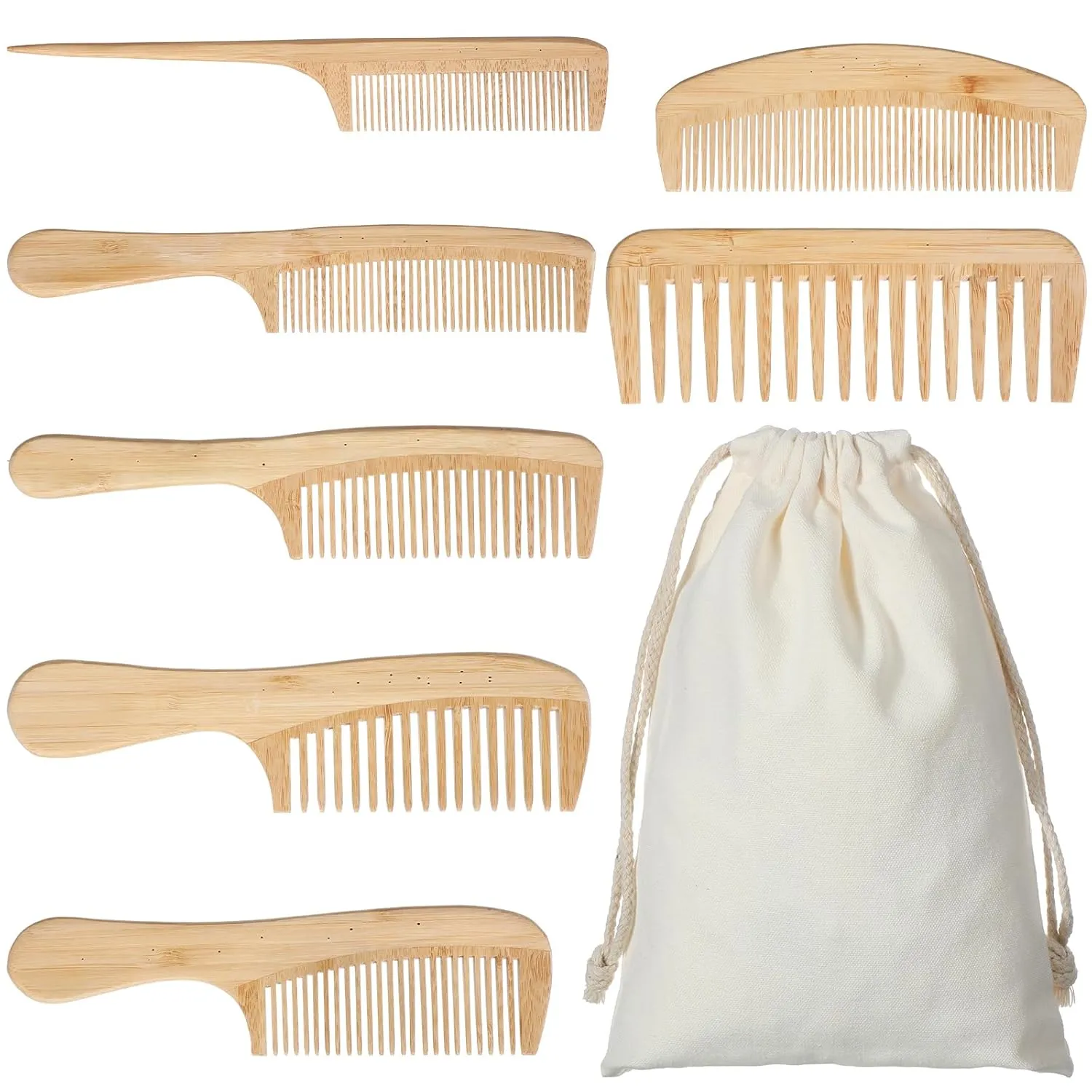 Honeydak 7 Pcs Natural Handmade Bamboo Comb Set Anti-static Wide Tooth Rat Tail Fine Tooth Combs Designed for Long, Short, Thick, Thin, Curly or Wavy Hair Detangling Suitable for Both Women and Men