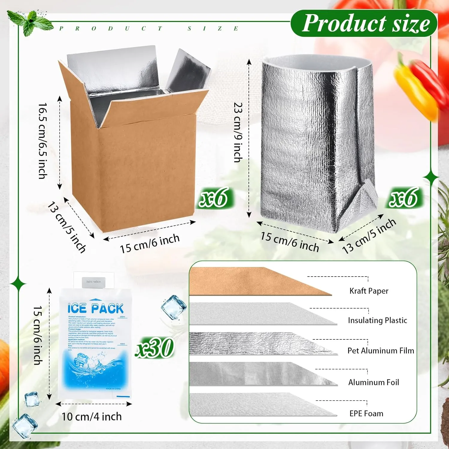 Honoson 6 Pack Insulated Shipping Box with Aluminum Foil Liner and Reusable Ice Pack for Shipping Reusable Cold Pack Shipping Container for Hot Frozen Food Shipper Cooler Box for Mailing Moving