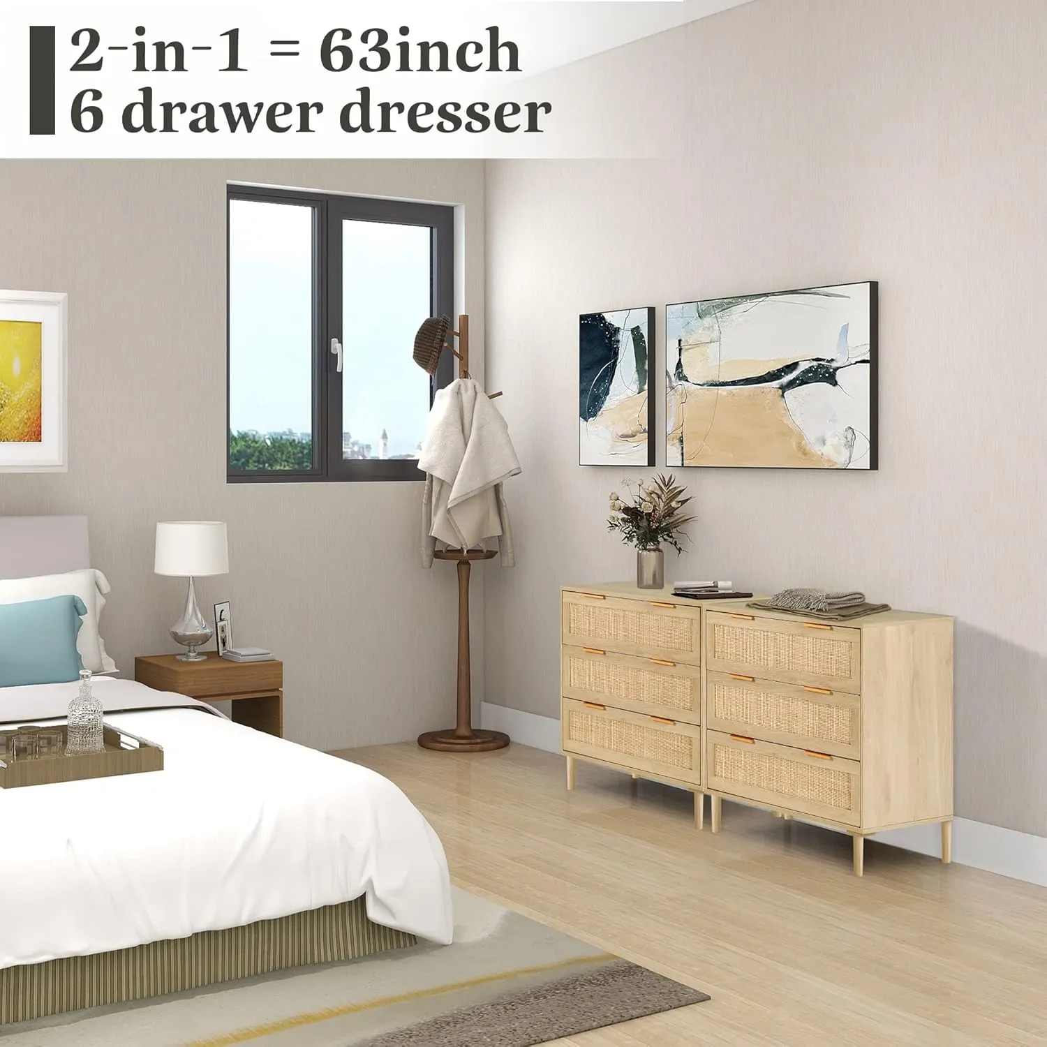 HOPUBUY 3 Drawer Dresser for Bedroom, Rattan Modern Closet Dressers Chest of Drawers, Wood Oak Storage Chest for Kids Bedroom, Hallway, Living Room