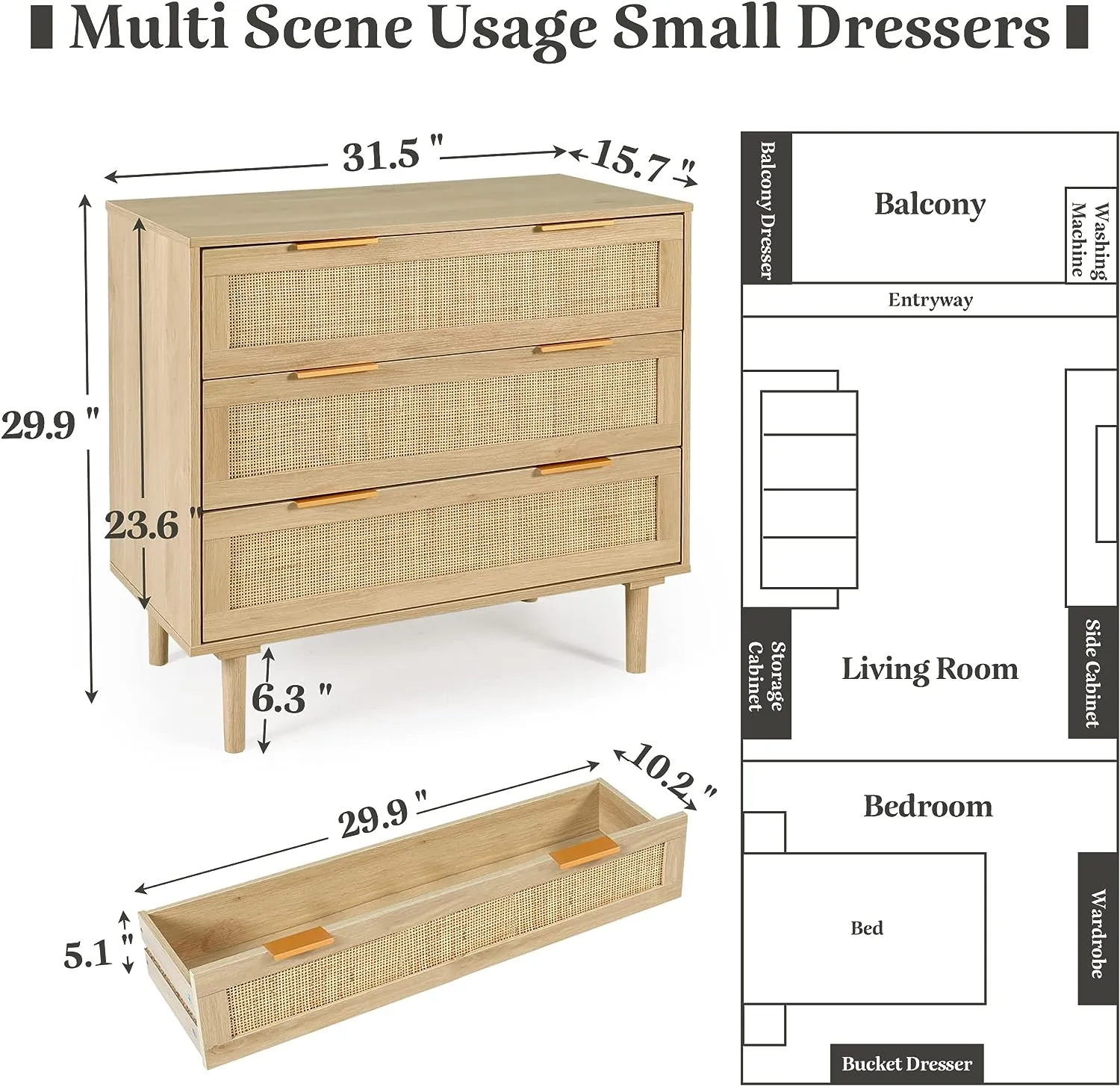 HOPUBUY 3 Drawer Dresser for Bedroom, Rattan Modern Closet Dressers Chest of Drawers, Wood Oak Storage Chest for Kids Bedroom, Hallway, Living Room