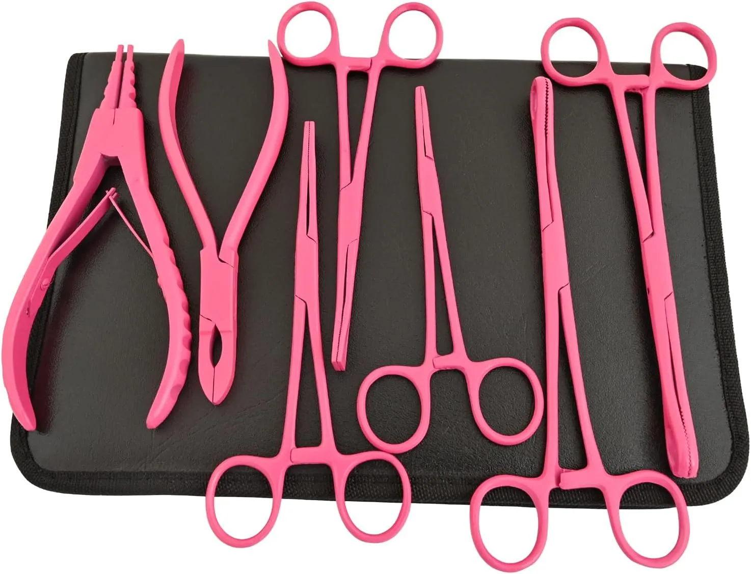 Hot Pink 7 Piece Body Piercing Instruments Kit Tools Pennington Sponge Forceps Stainless Steel Instruments with Carry Case MBK-P-01