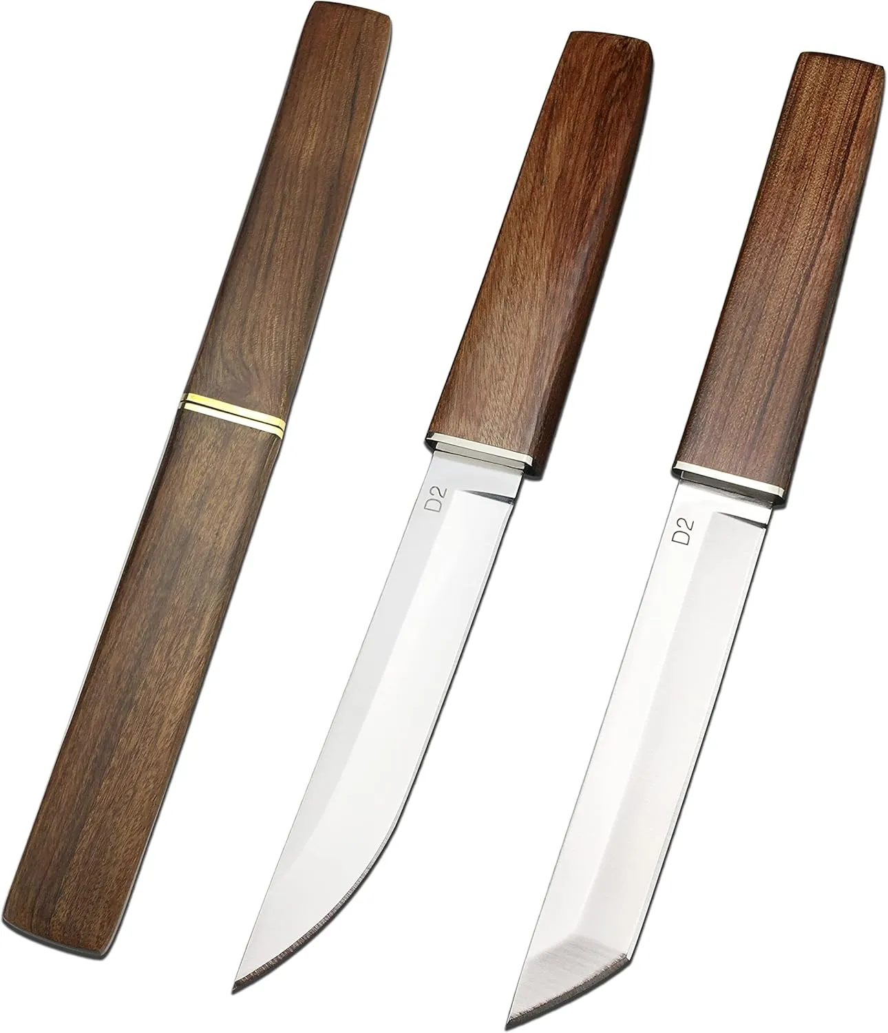 HUAAO 2PCS Fixed Blade Knives, Drop Point & Tanto D2 Knife with Wood Handle, for Camping Fishing Outdoor Survival