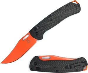HUAAO Manual Open Folding Knife, Axis Lock Knife with 3.43’’ Orange D2 Blade Black Carbon Fiber Handle, EDC Pocket Knife with Clip for Camping Hunting