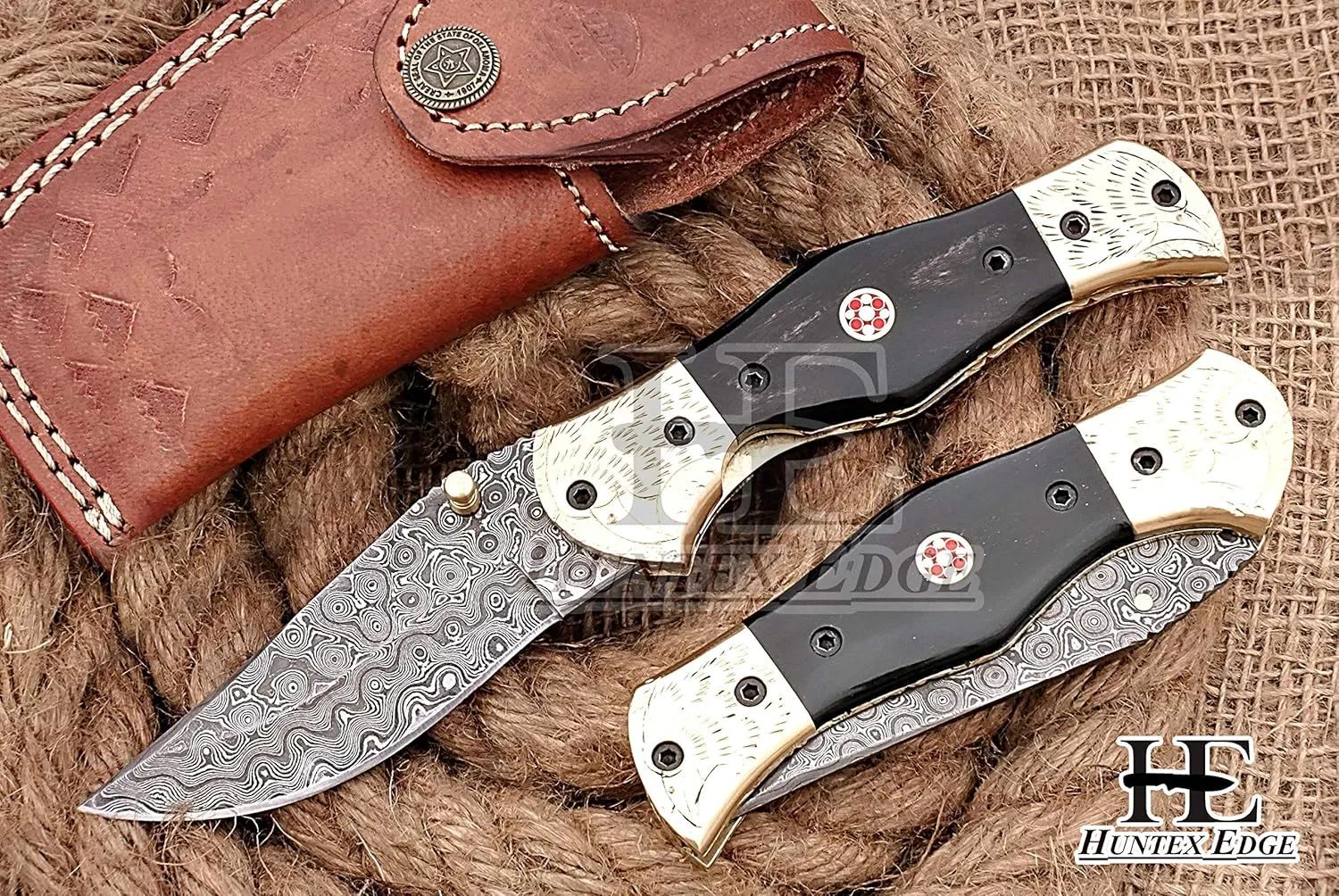 HUNTEX Custom Handmade Hand-Forged Rain Drop Pattern Damascus Steel 4 Inch Long Natural Buffalo Horn Handle Razor Sharp Camping Hunting Folding Pocket Hunter's Knife with Genuine Leather Pouch