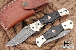 HUNTEX Custom Handmade Hand-Forged Rain Drop Pattern Damascus Steel 4 Inch Long Natural Buffalo Horn Handle Razor Sharp Camping Hunting Folding Pocket Hunter's Knife with Genuine Leather Pouch