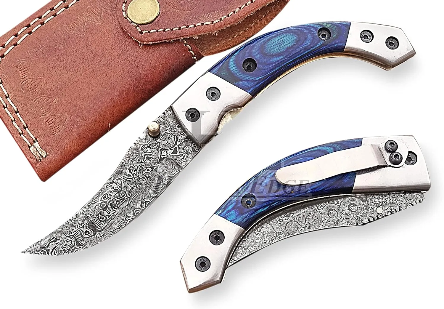 HUNTEX Handmade Hand-Forged Rain Drop Pattern Damascus Steel 4 Inch Long Pakka Wood Handle Razor Sharp Hunting Camping Trailing Pocket Knife w/Pocket Clip & Genuine Leather Pouch