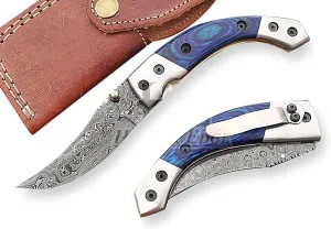 HUNTEX Handmade Hand-Forged Rain Drop Pattern Damascus Steel 4 Inch Long Pakka Wood Handle Razor Sharp Hunting Camping Trailing Pocket Knife w/Pocket Clip & Genuine Leather Pouch