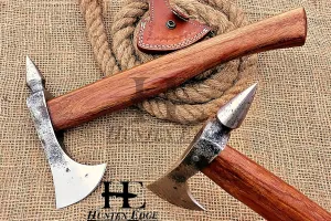 HUNTEX Unique Custom Exposed Hand-Forged Marked 1095 High Carbon Steel 14 Inch Long Walnut Wood Handle Full Tang Razor Sharp Hunting Camping Outdoor Splitter Viking Axe with Genuine Leather Sheath