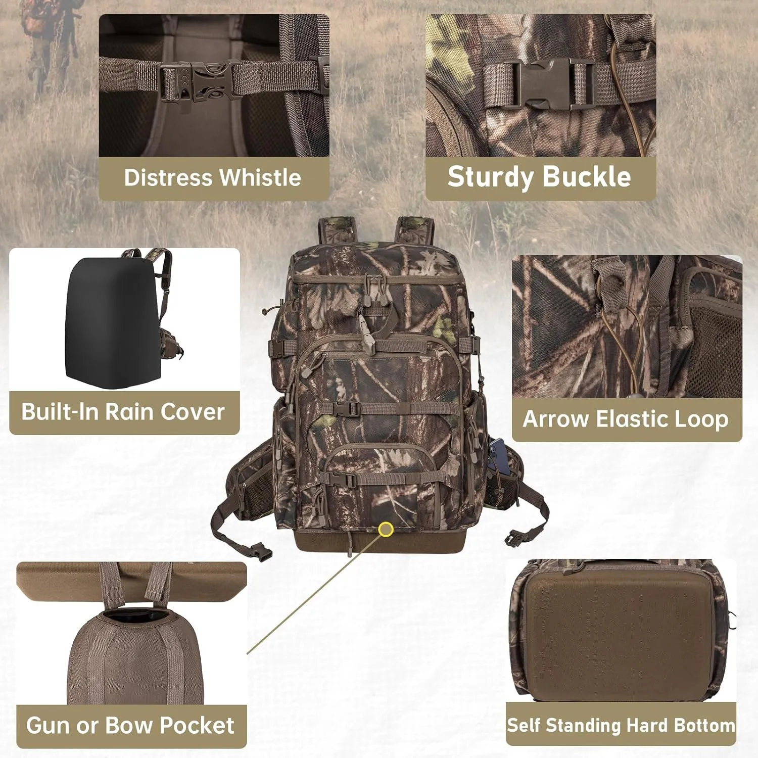 Hunting Backpack with Waterproof Rain Cover, Self Standing Hard Bottom, Camo Hunting Day Pack for Bow Rifle Gun