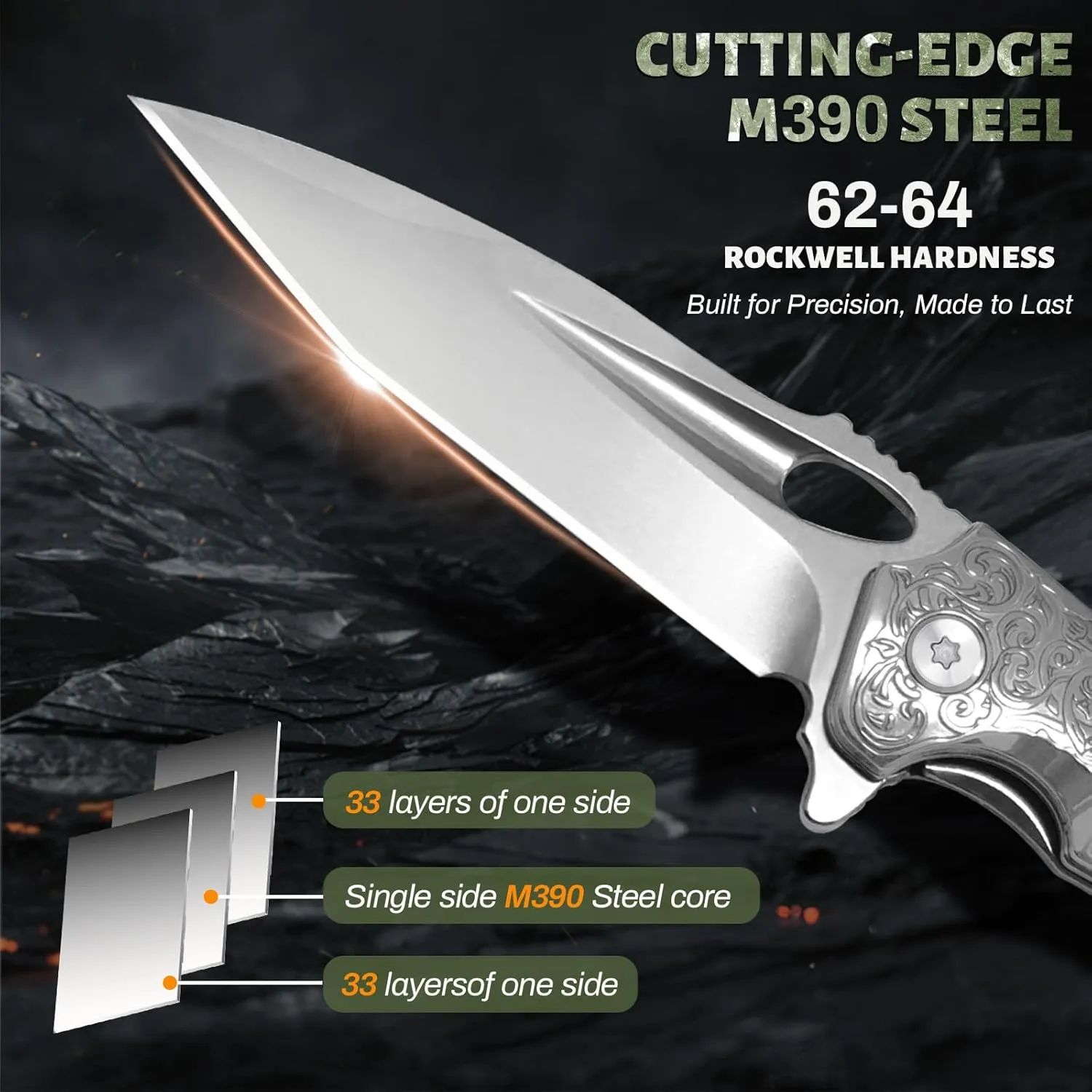 Hunting knife with Sheath, 7.87inch, Eagle brown Sharp Blade 3.6-inch M390 Steel Folding Pocket Knife with Brown Wood Steel Handle, Skinning Knife for Hunting, Fishing