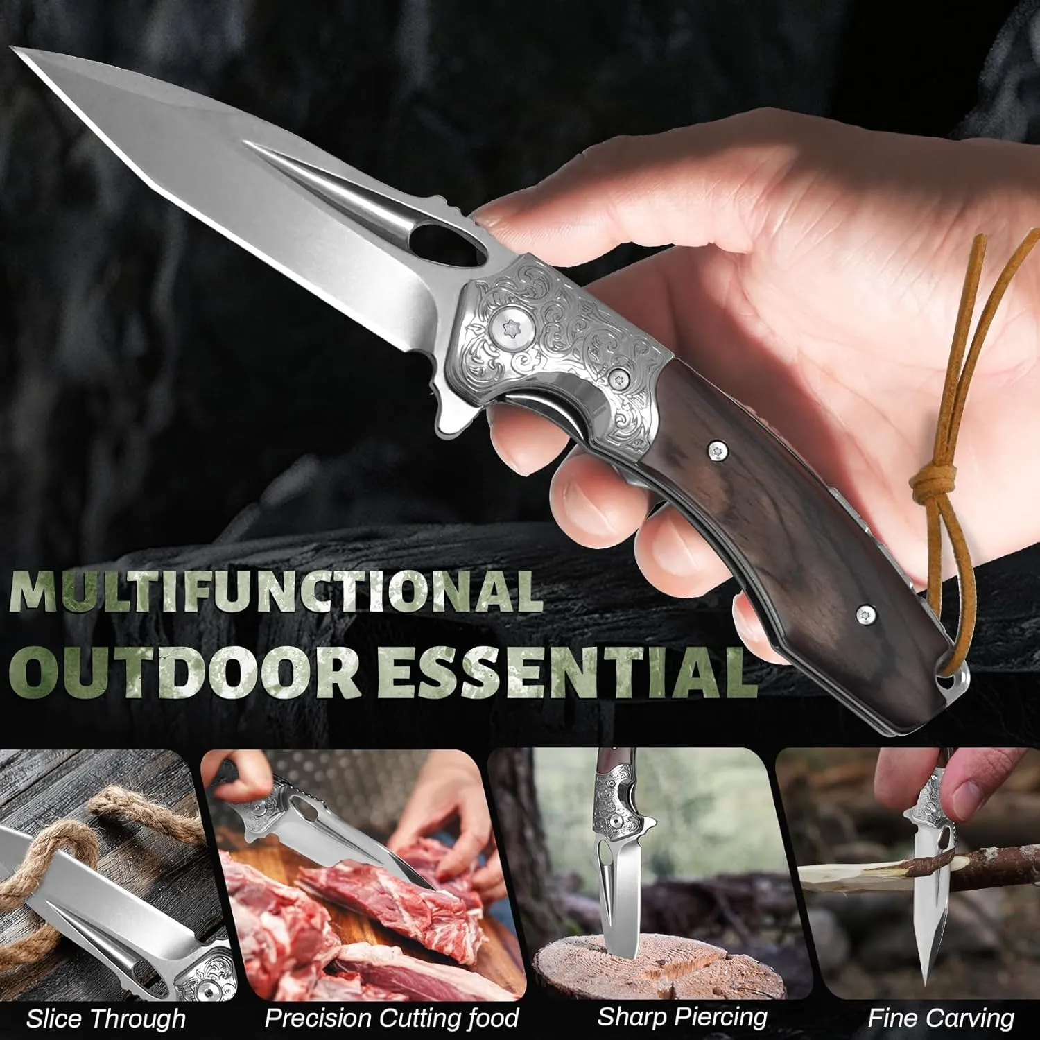 Hunting knife with Sheath, 7.87inch, Eagle brown Sharp Blade 3.6-inch M390 Steel Folding Pocket Knife with Brown Wood Steel Handle, Skinning Knife for Hunting, Fishing