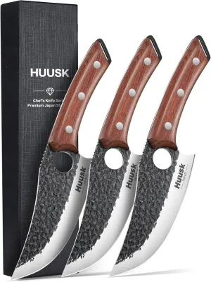 Huusk Viking Knife Set of 3, Japanese Butcher Knife Set for Meat Cutting, Hand Forged Boning Knife with Wood Handle, Japanese High Carbon Steel, for Camping, Outdoor, BBQ, Father's Day Gifts for Dad