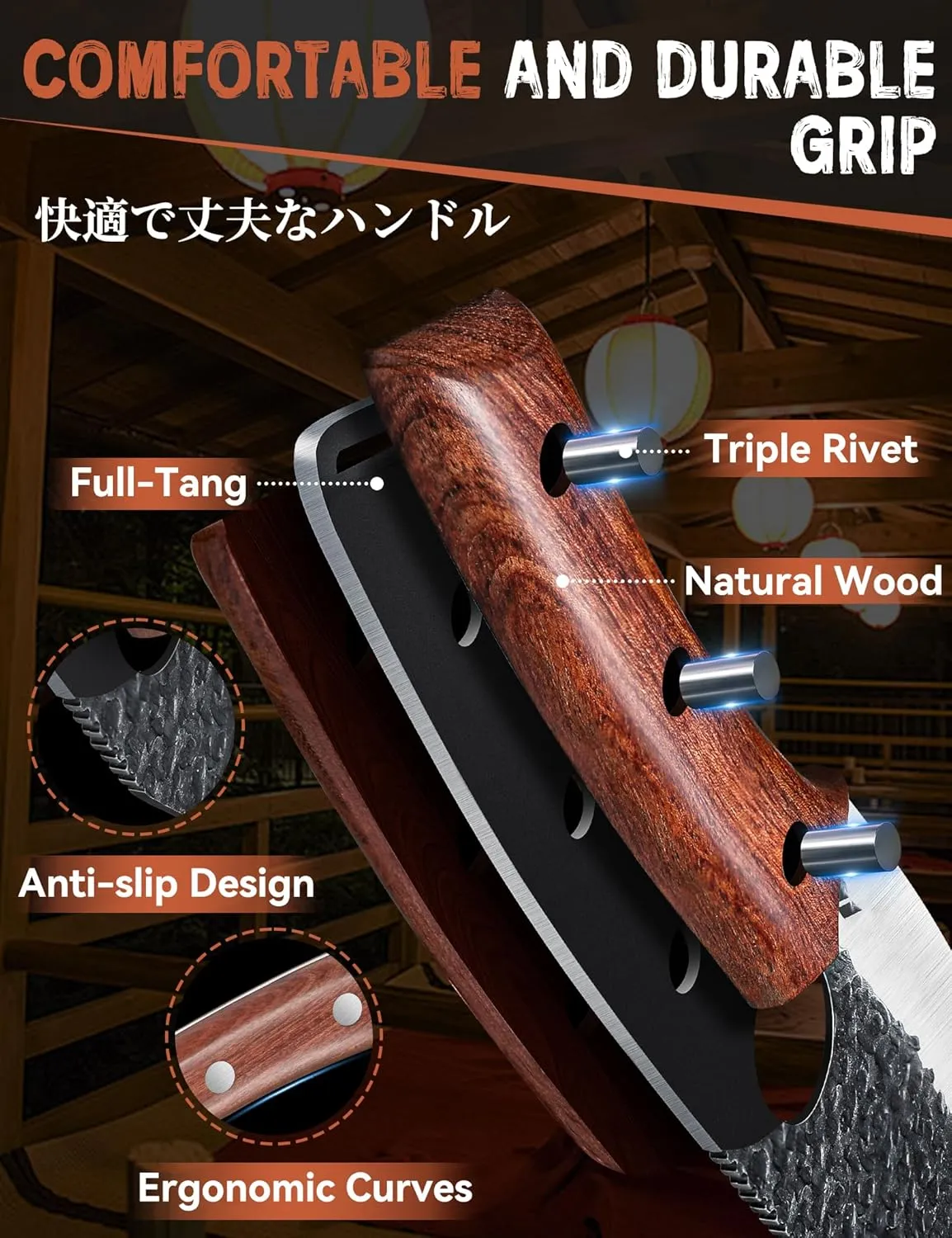 Huusk Viking Knife Set of 3, Japanese Butcher Knife Set for Meat Cutting, Hand Forged Boning Knife with Wood Handle, Japanese High Carbon Steel, for Camping, Outdoor, BBQ, Father's Day Gifts for Dad