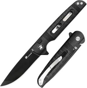 HX OUTDOOORS Slim Folding Knife ZD-112B, 3.15" D2 Steel Blade G10 Handle, Black EDC Button Lock Pocket Knife With Clip For Men Women Gift, Camping Hiking Hunting Climbing Outdoor Survival Knives