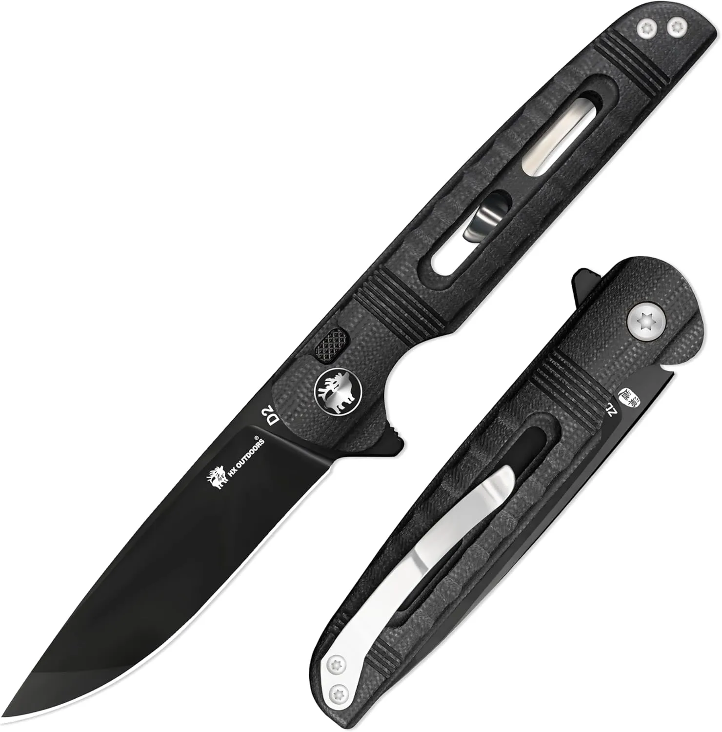 HX OUTDOOORS Slim Folding Knife ZD-112B, 3.15" D2 Steel Blade G10 Handle, Black EDC Button Lock Pocket Knife With Clip For Men Women Gift, Camping Hiking Hunting Climbing Outdoor Survival Knives