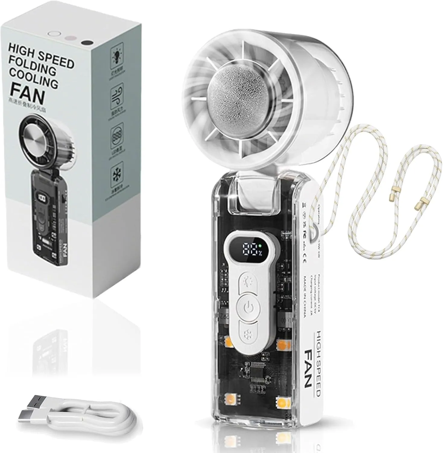 IceRush Turbo – Handheld Fan with Instant Cooling Plate & LED Light, Transparent Case Design, 100 Levels Adjustable, 3600mah Long Battery Life, 135° Tilt Foldable,for Travel, classroom use (White)