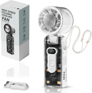 IceRush Turbo – Handheld Fan with Instant Cooling Plate & LED Light, Transparent Case Design, 100 Levels Adjustable, 3600mah Long Battery Life, 135° Tilt Foldable,for Travel, classroom use (White)